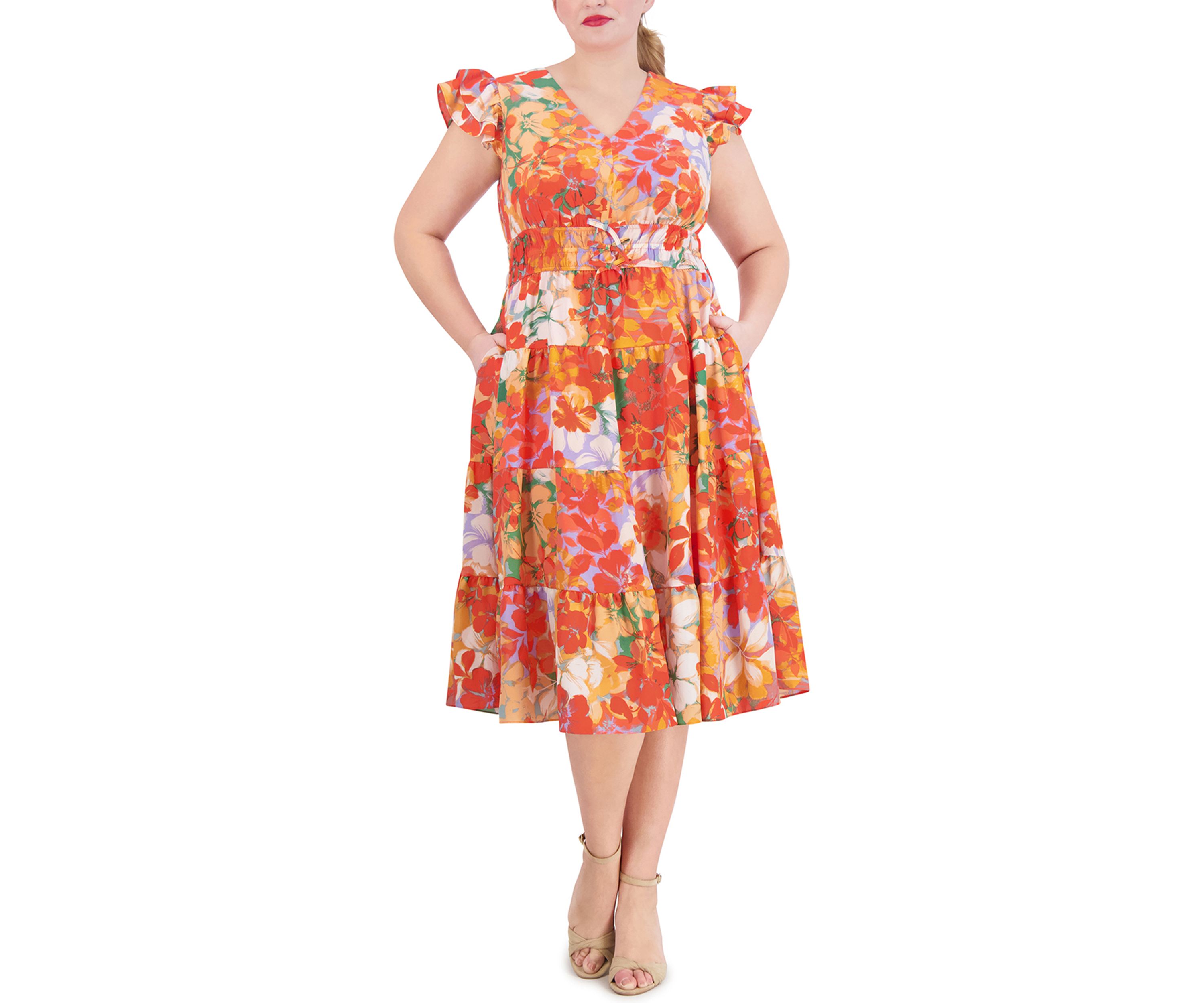 Womens Short Sleeve V-Neck Smocked Waist Floral Dress