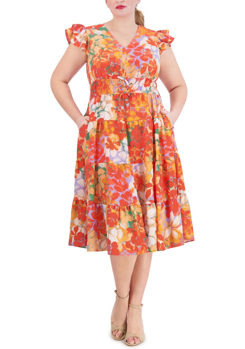 Womens Short Sleeve V-Neck Smocked Waist Floral Dress