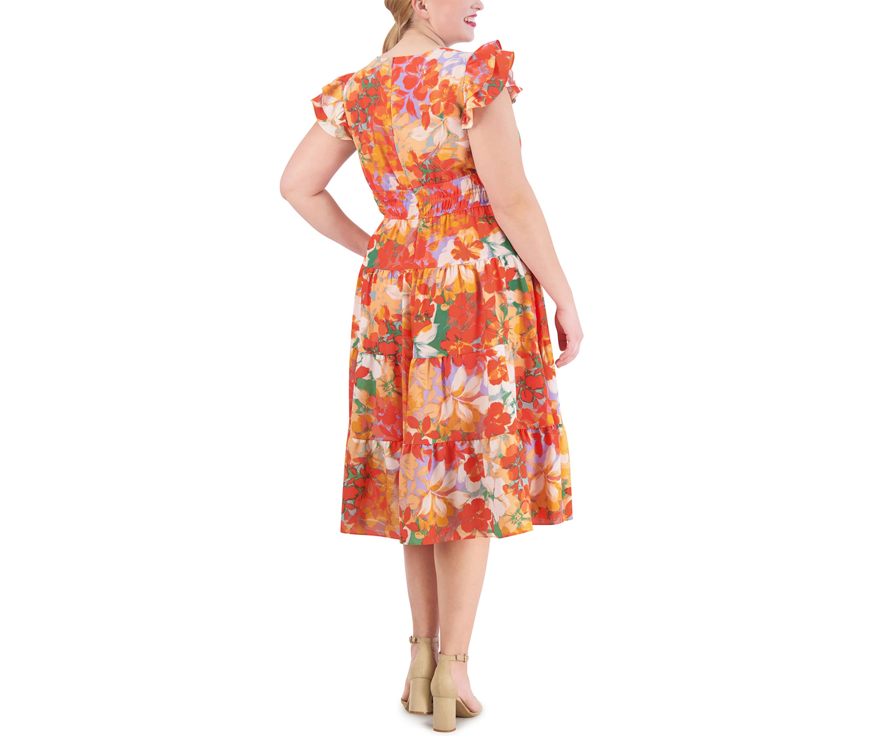 Womens Short Sleeve V-Neck Smocked Waist Floral Dress
