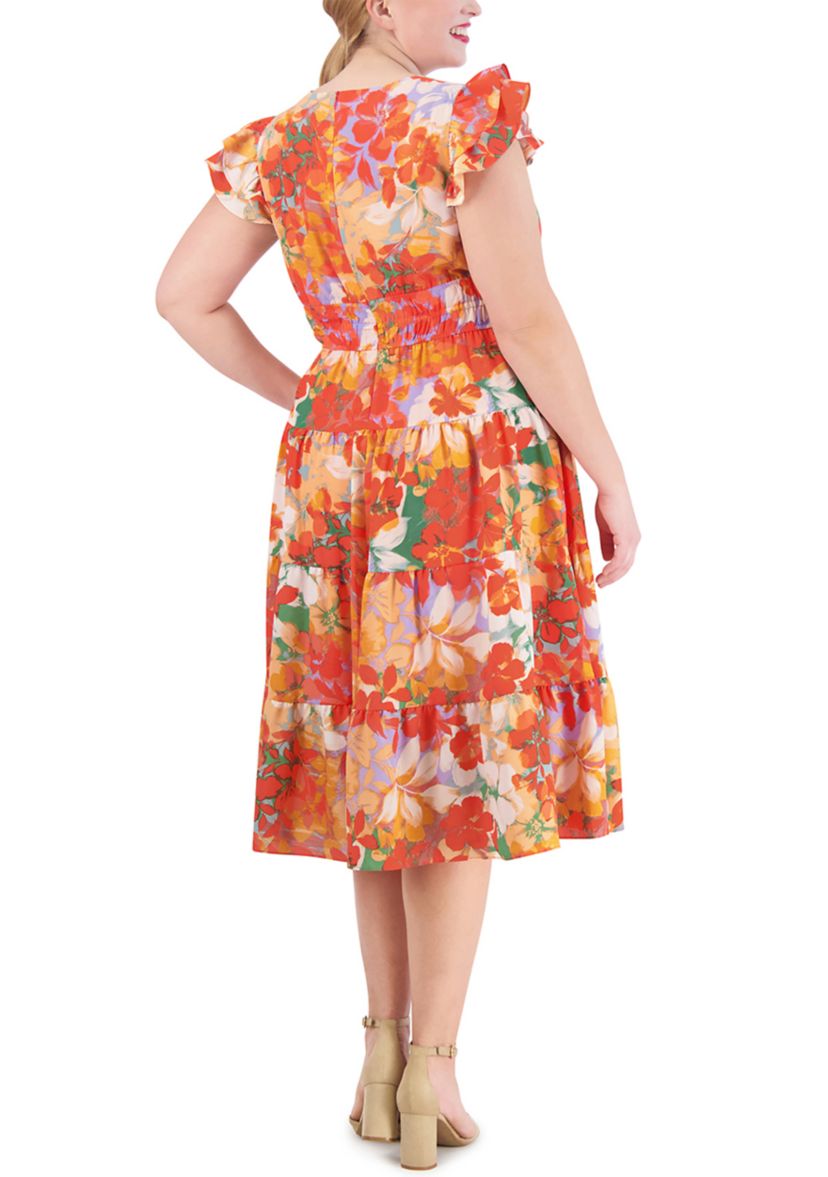 Womens Short Sleeve V-Neck Smocked Waist Floral Dress