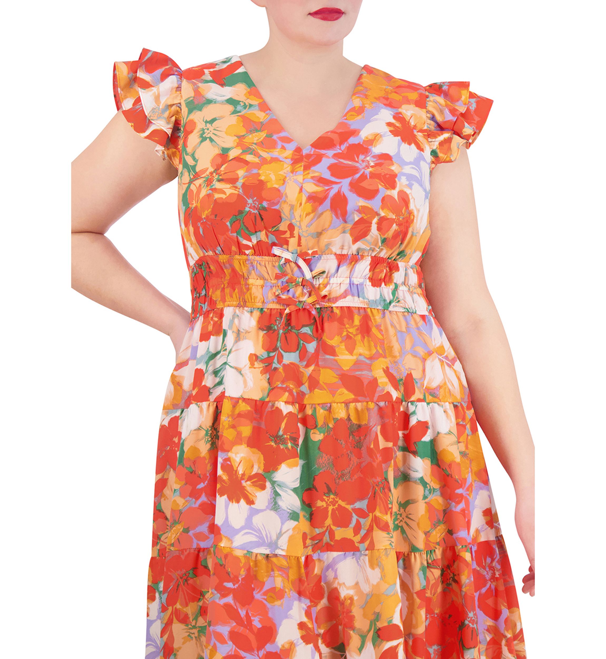 Womens Short Sleeve V-Neck Smocked Waist Floral Dress