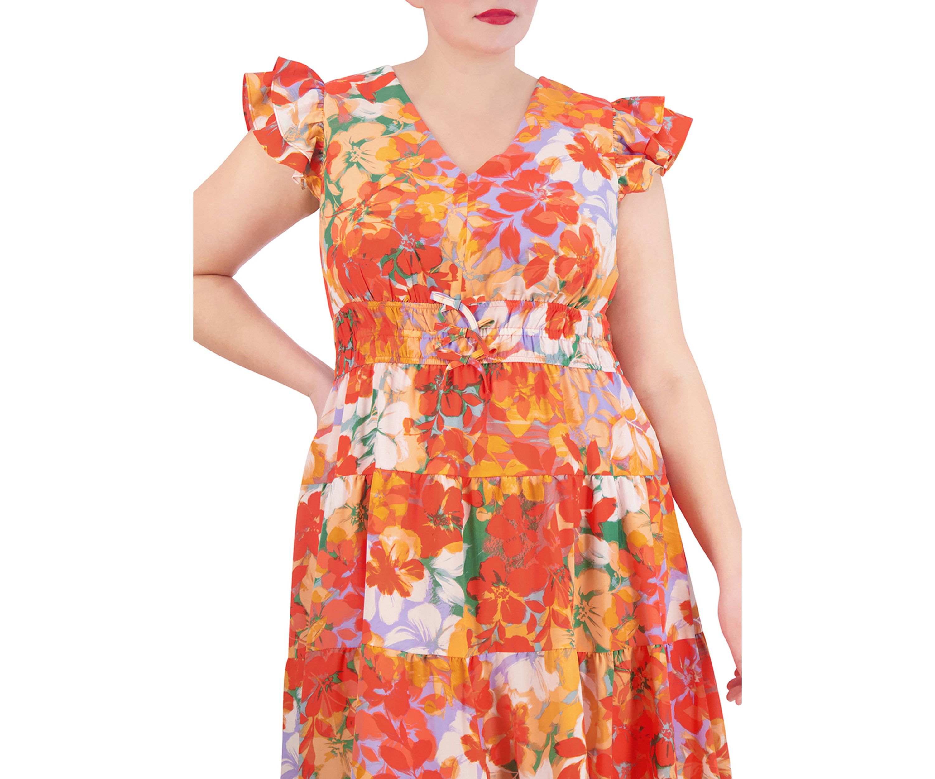 Womens Short Sleeve V-Neck Smocked Waist Floral Dress