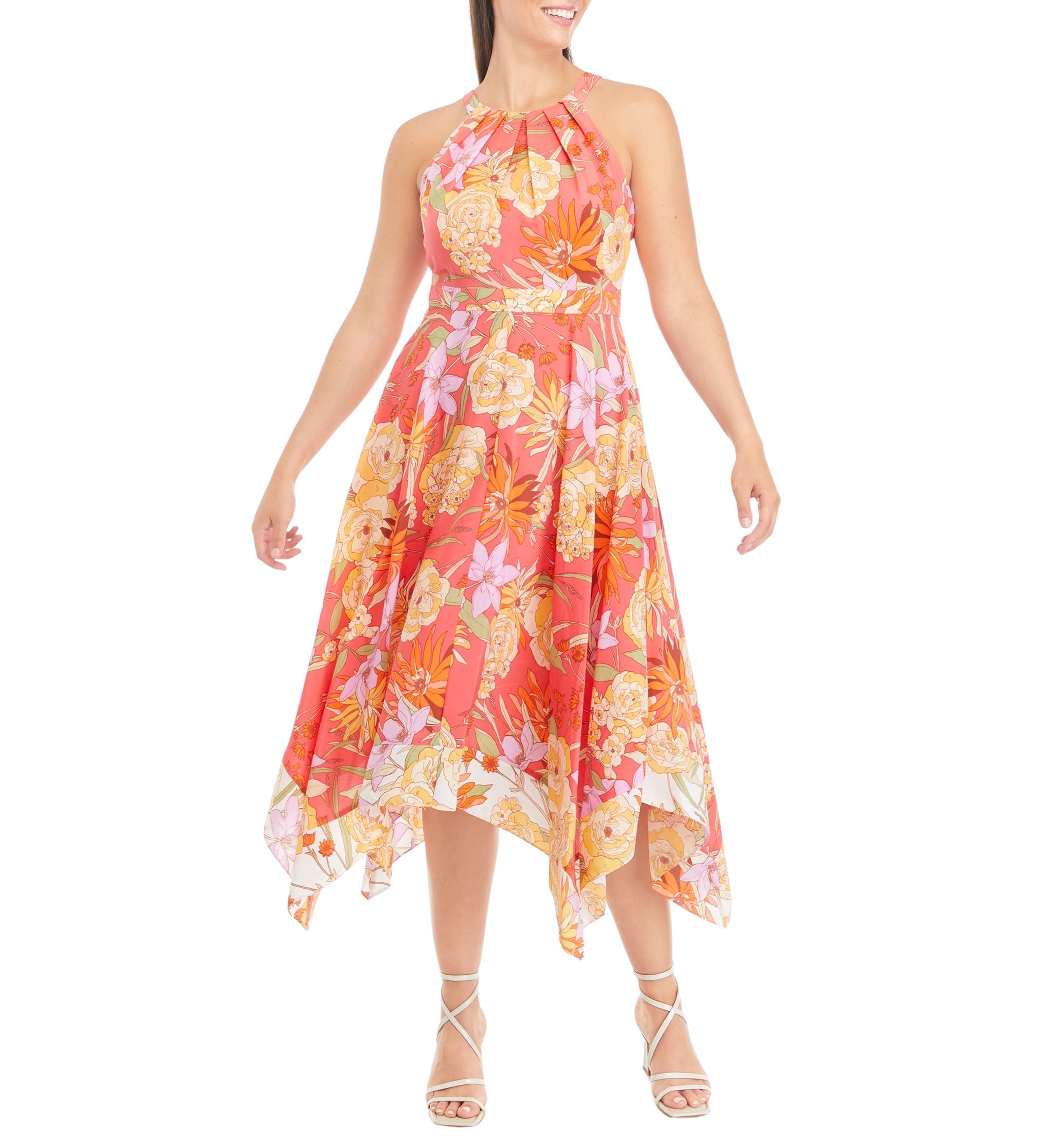 Womens Sleeveless Halter Neck Floral Midi Dress