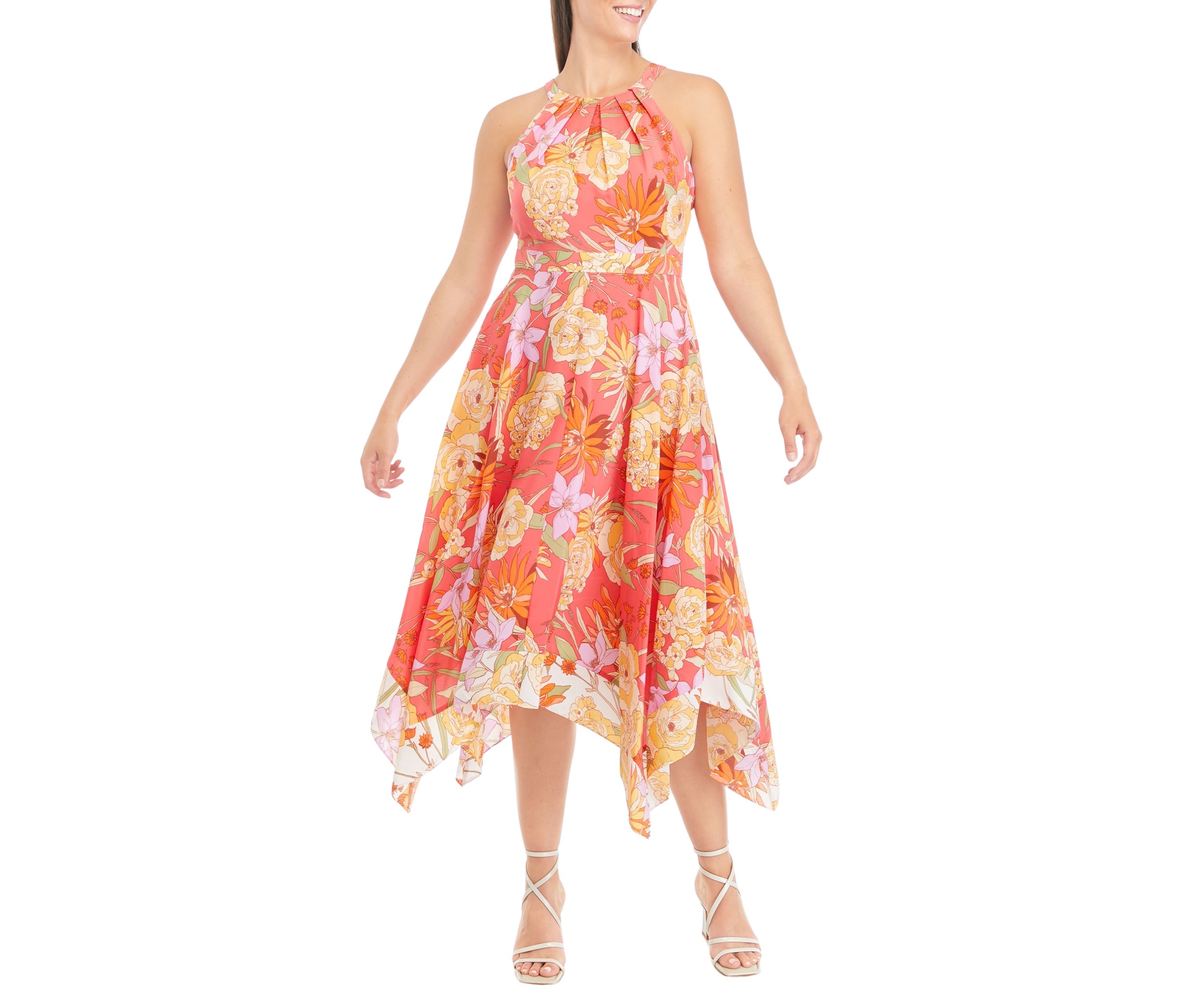 Womens Sleeveless Halter Neck Floral Midi Dress