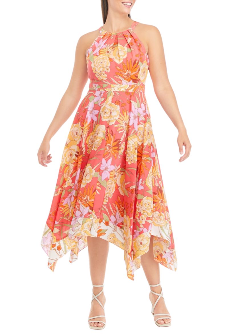 Womens Sleeveless Halter Neck Floral Midi Dress