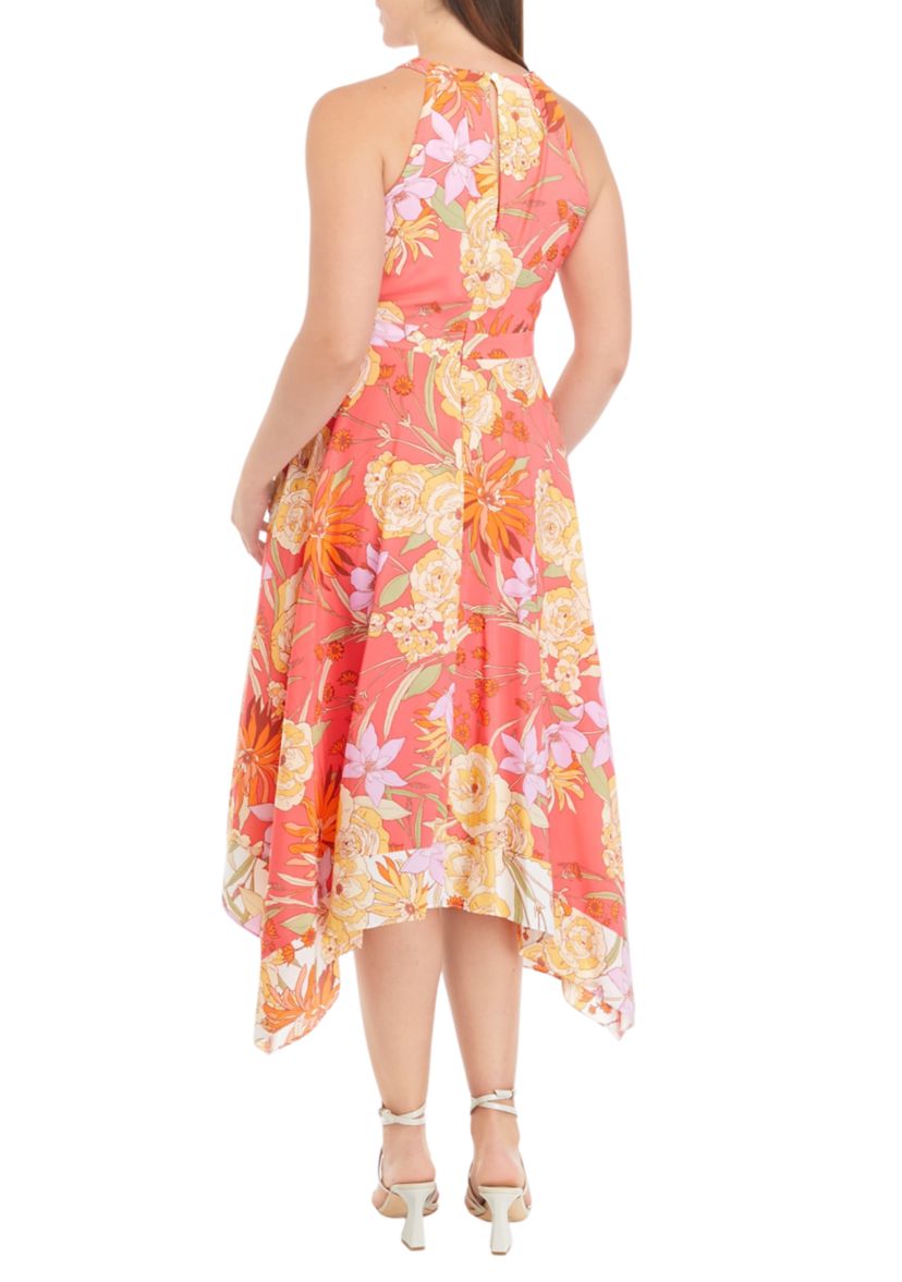 Womens Sleeveless Halter Neck Floral Midi Dress
