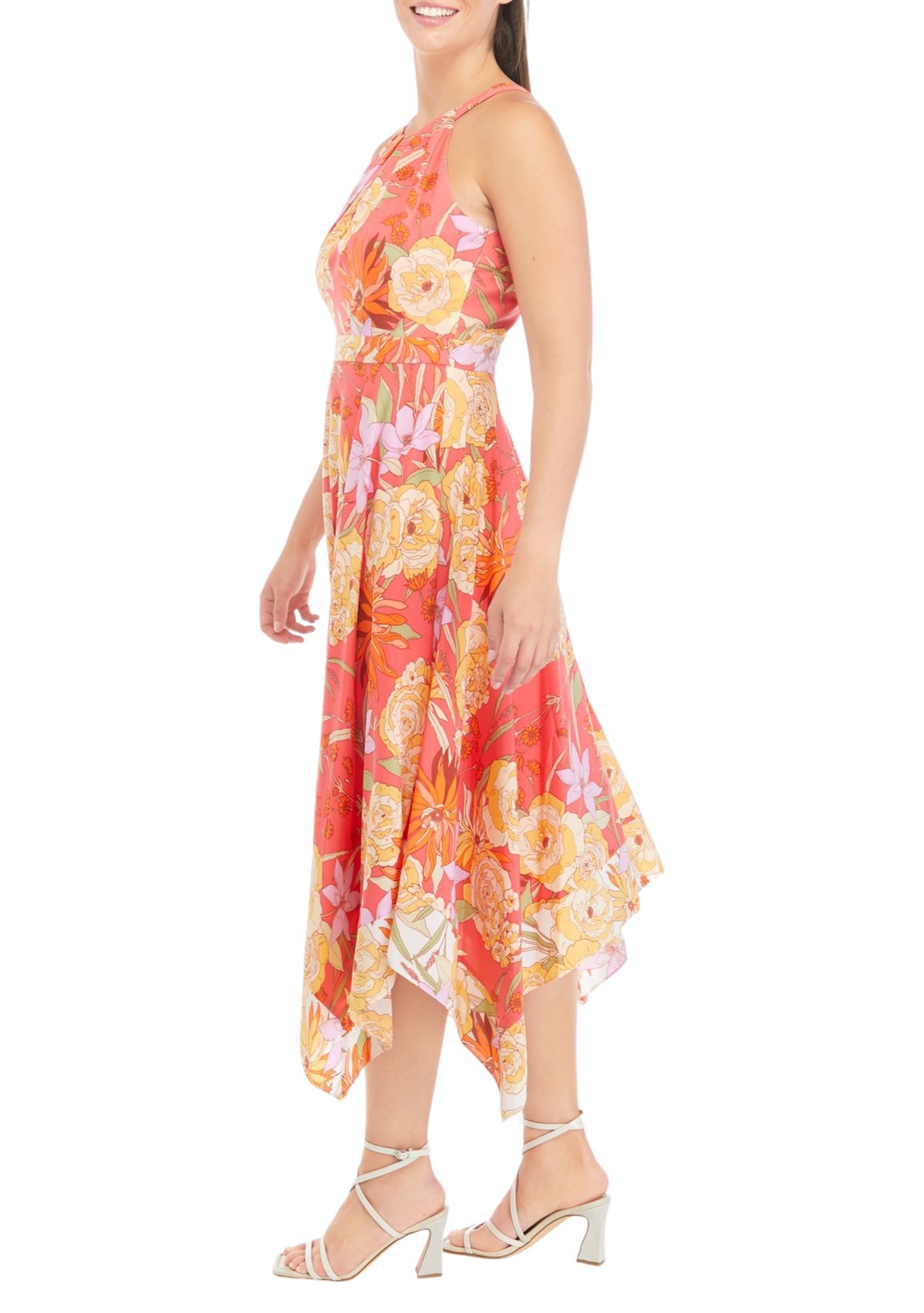 Womens Sleeveless Halter Neck Floral Midi Dress