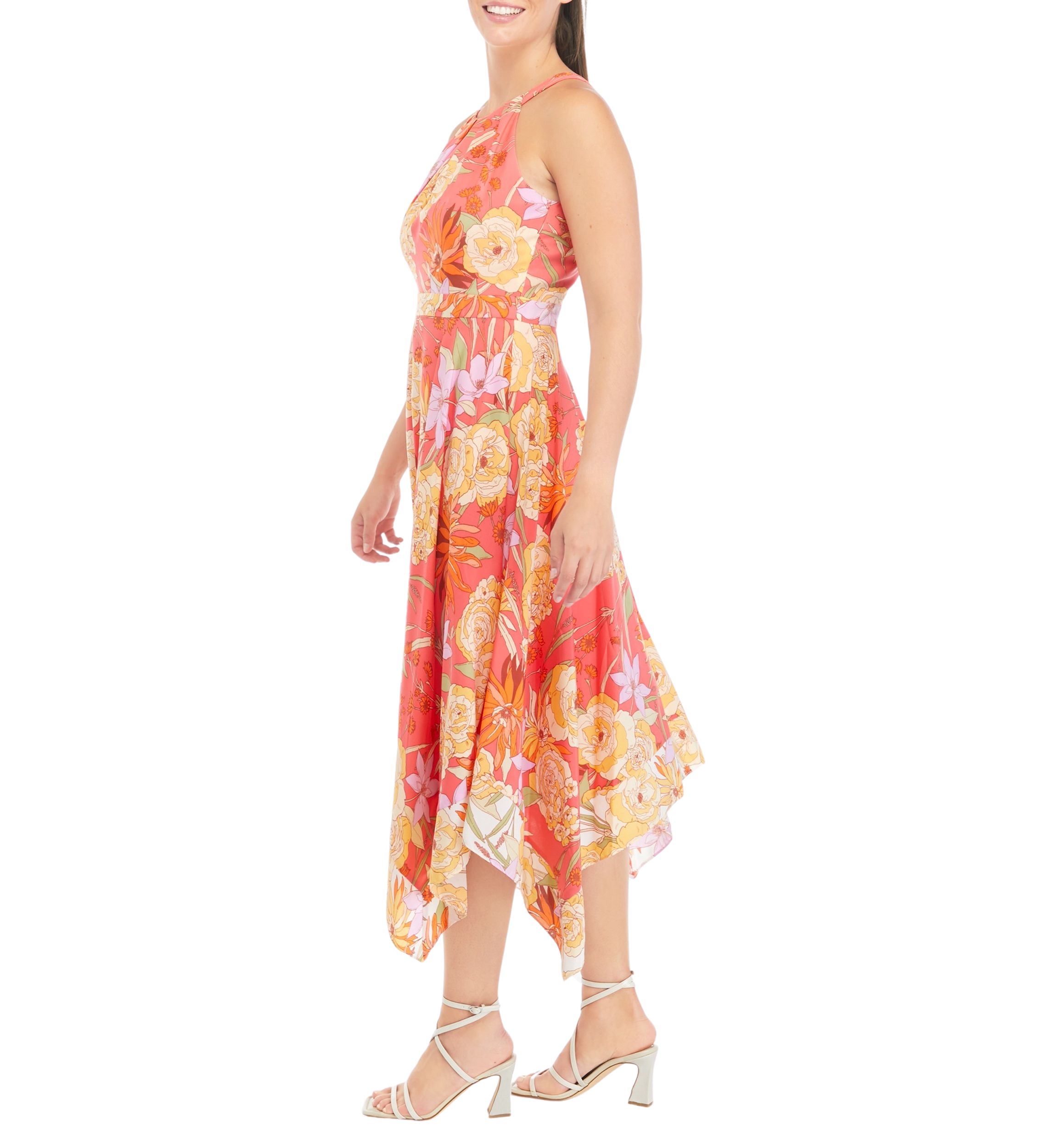 Womens Sleeveless Halter Neck Floral Midi Dress