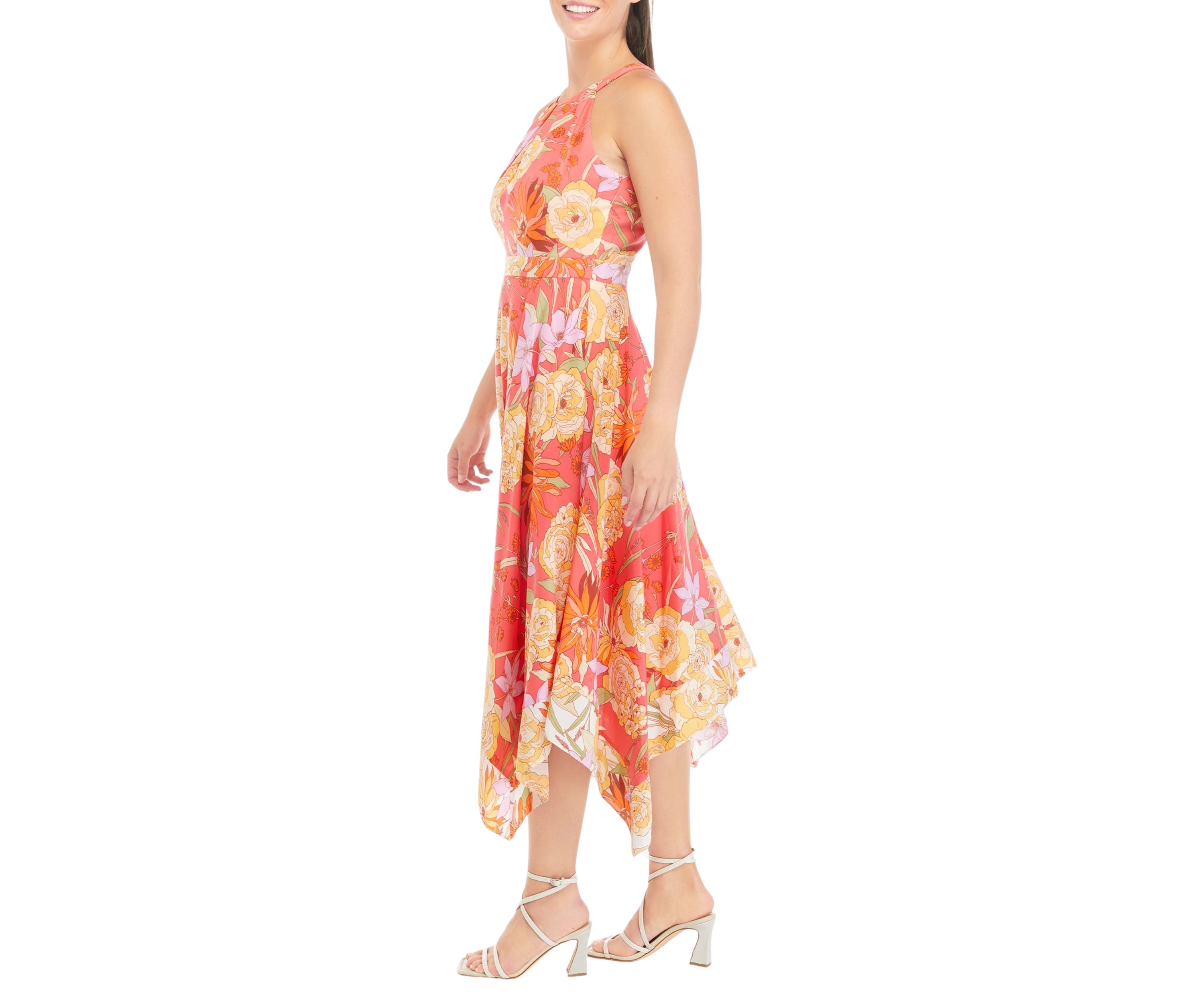 Womens Sleeveless Halter Neck Floral Midi Dress