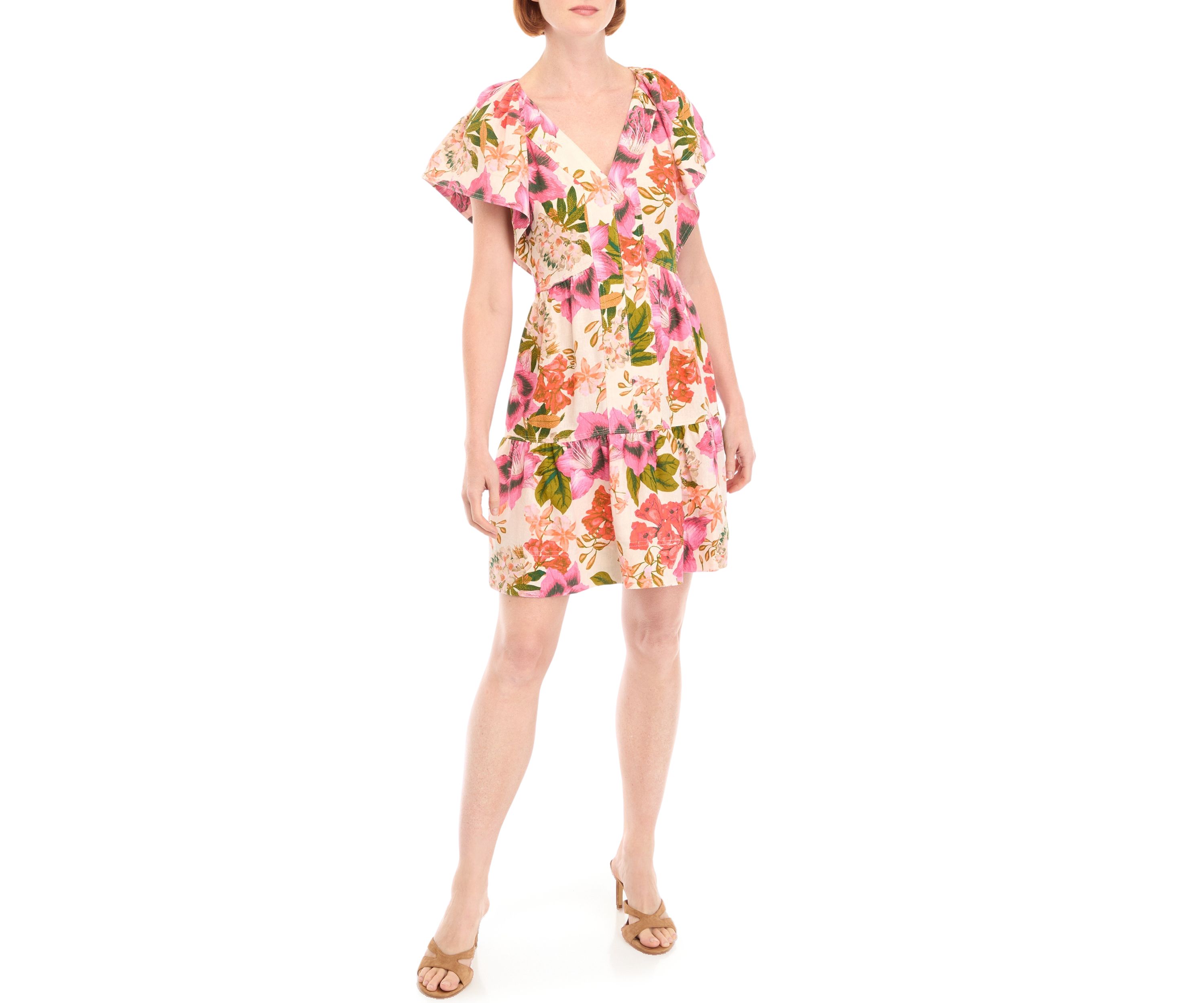 Womens V-Neck Floral Printed Linen Dress