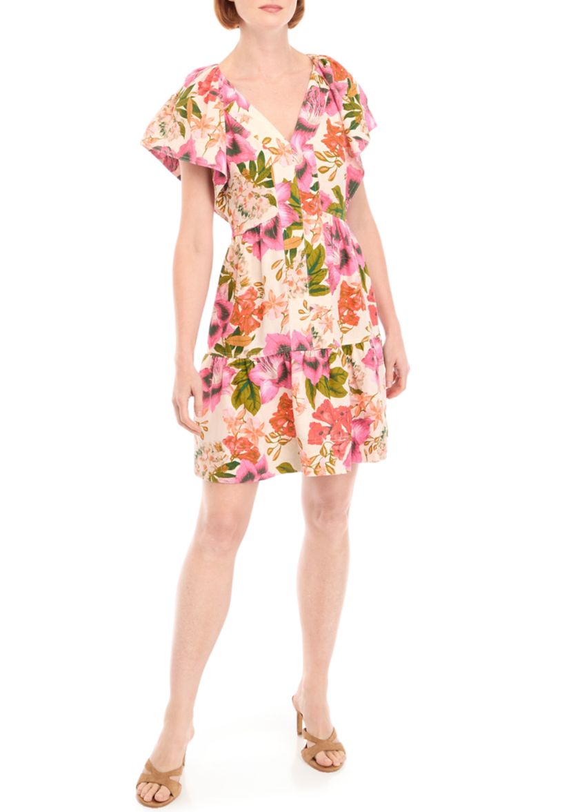 Womens V-Neck Floral Printed Linen Dress