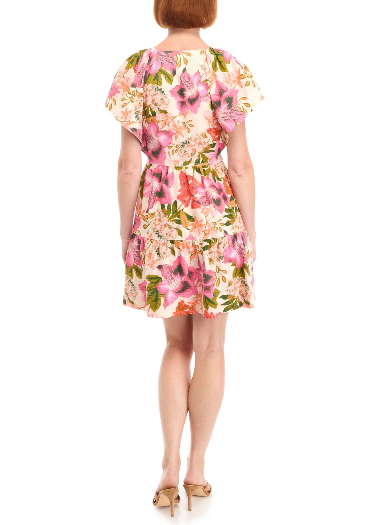 Womens V-Neck Floral Printed Linen Dress