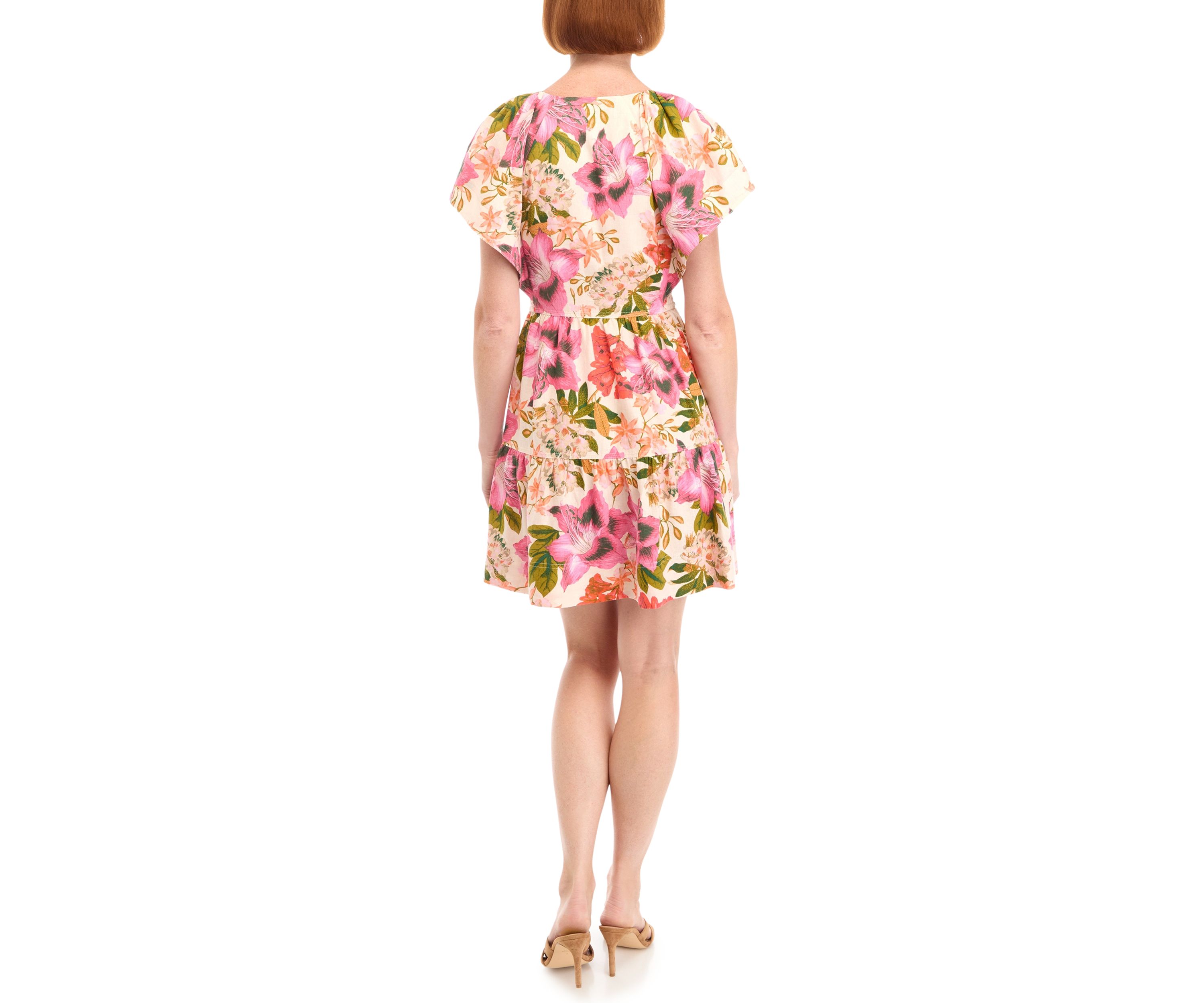 Womens V-Neck Floral Printed Linen Dress