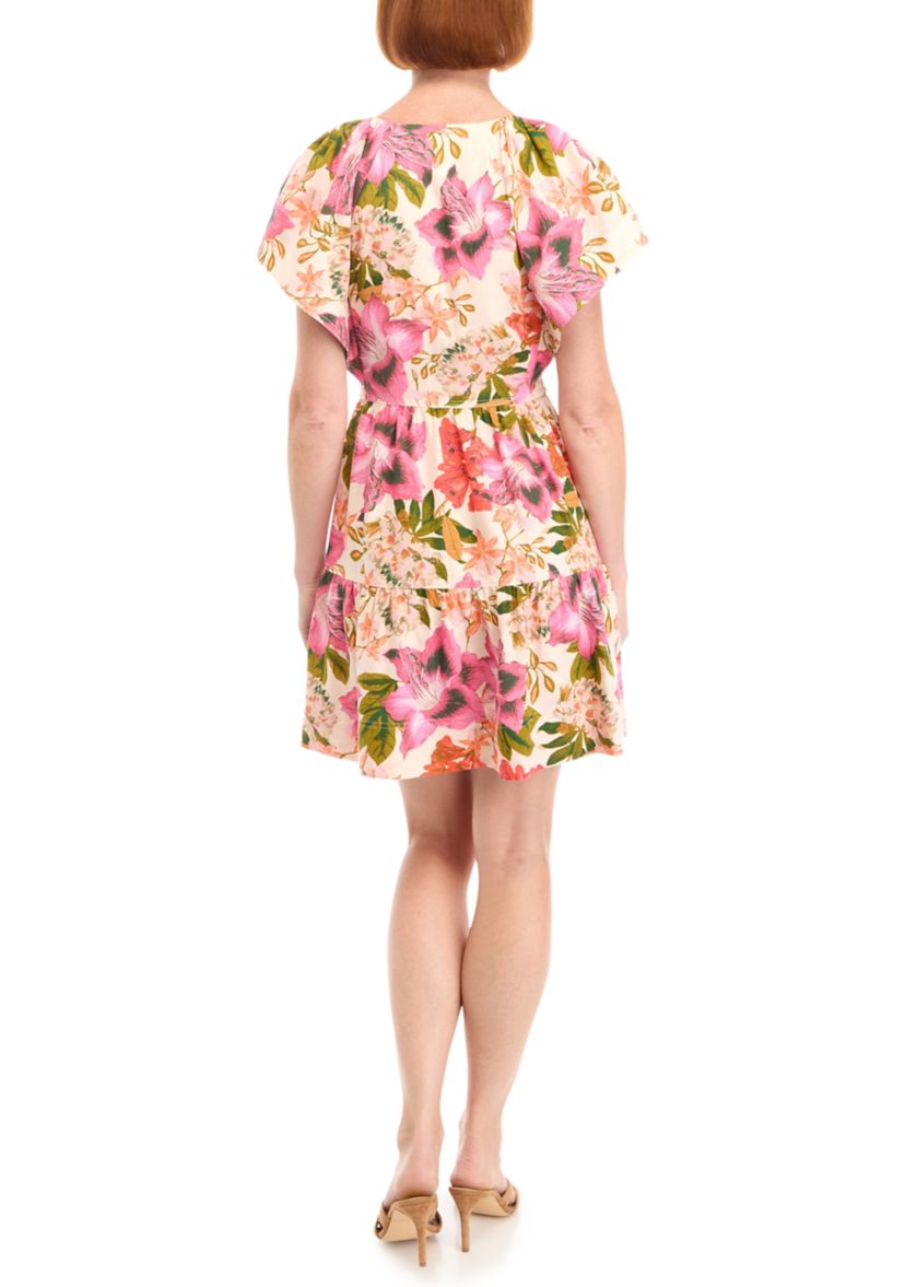 Womens V-Neck Floral Printed Linen Dress