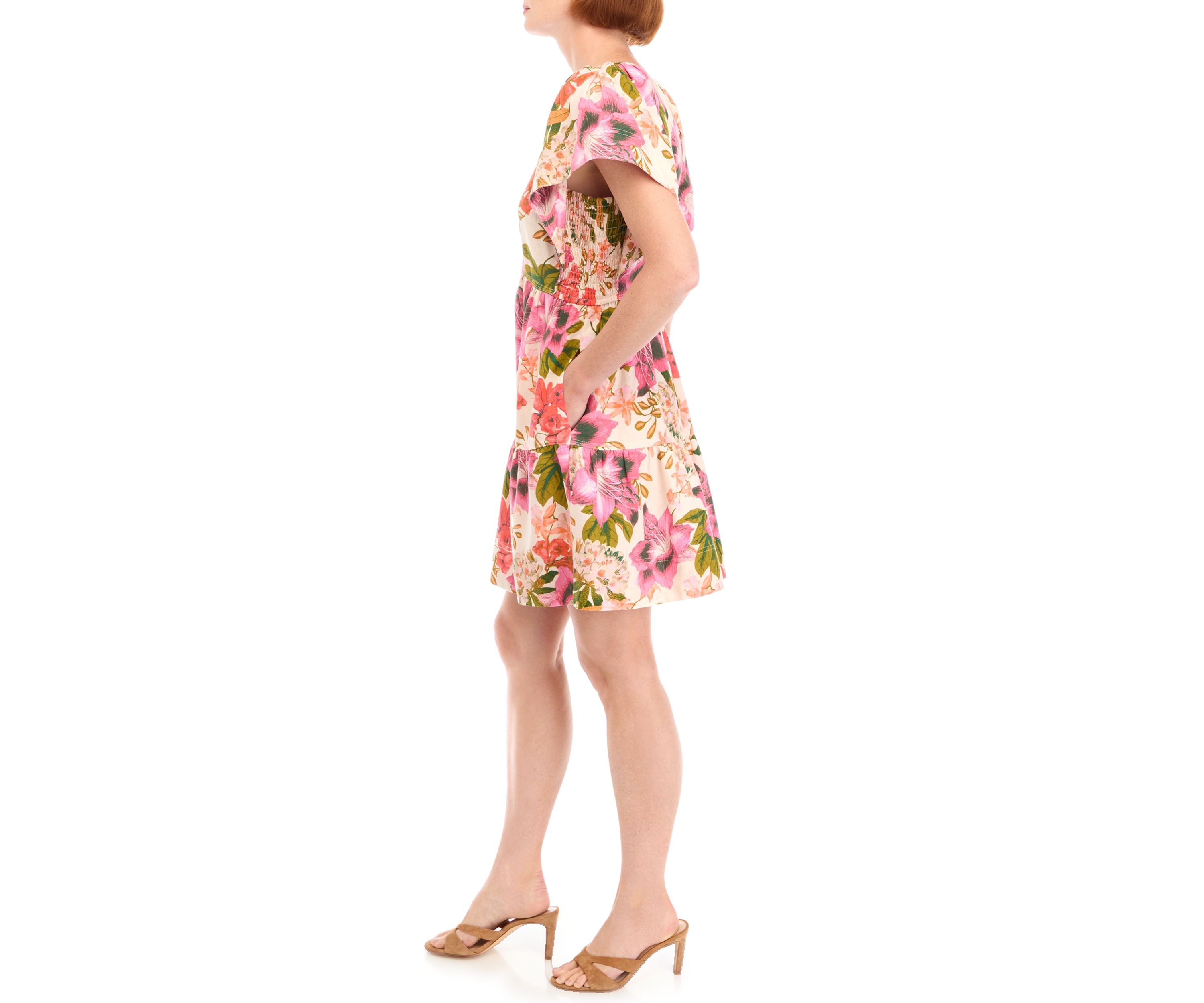 Womens V-Neck Floral Printed Linen Dress