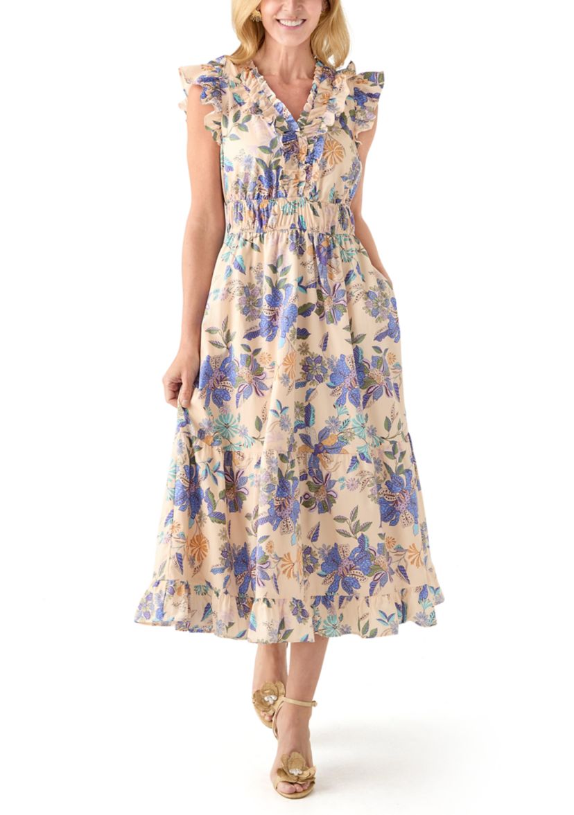 Womens Short Flutter Sleeve Floral Print Midi Dress