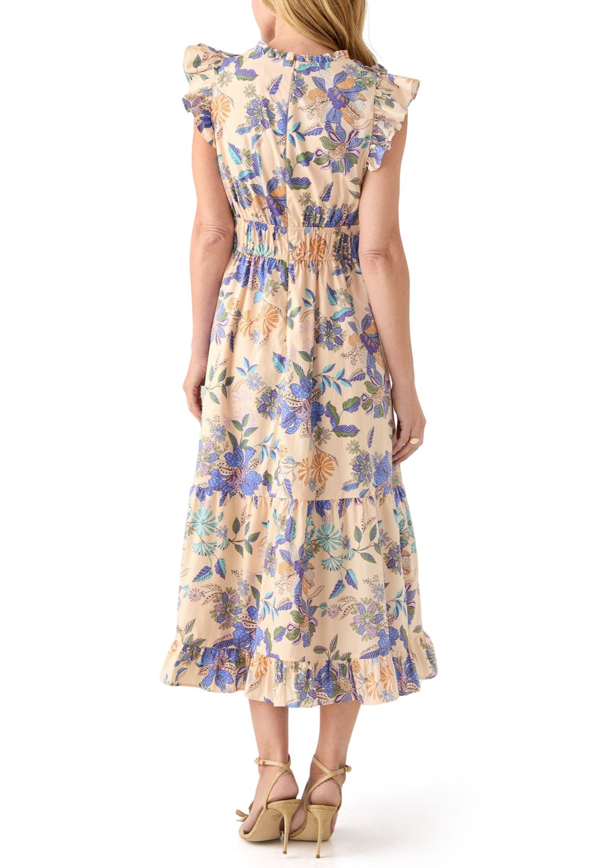 Womens Short Flutter Sleeve Floral Print Midi Dress