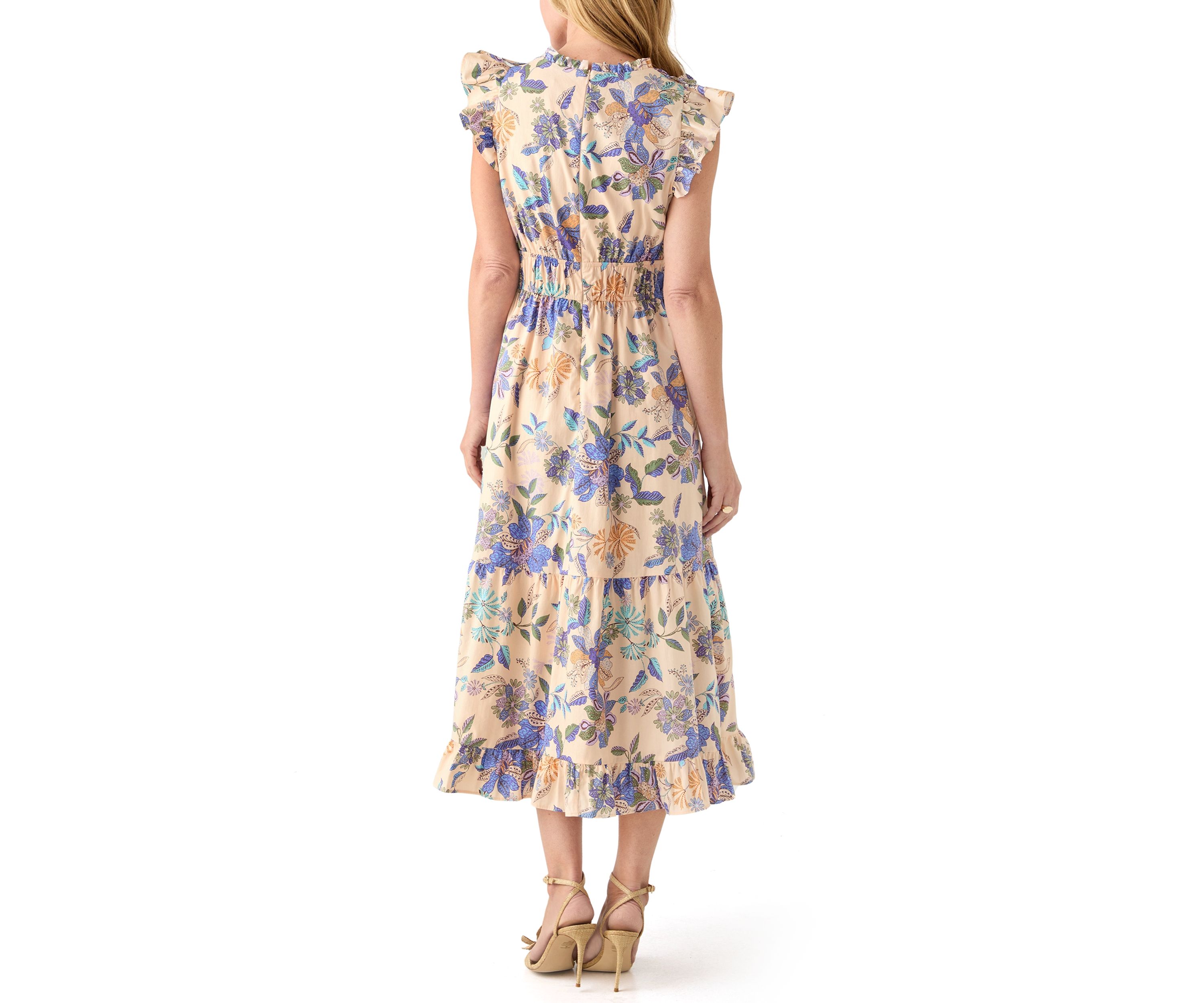 Womens Short Flutter Sleeve Floral Print Midi Dress