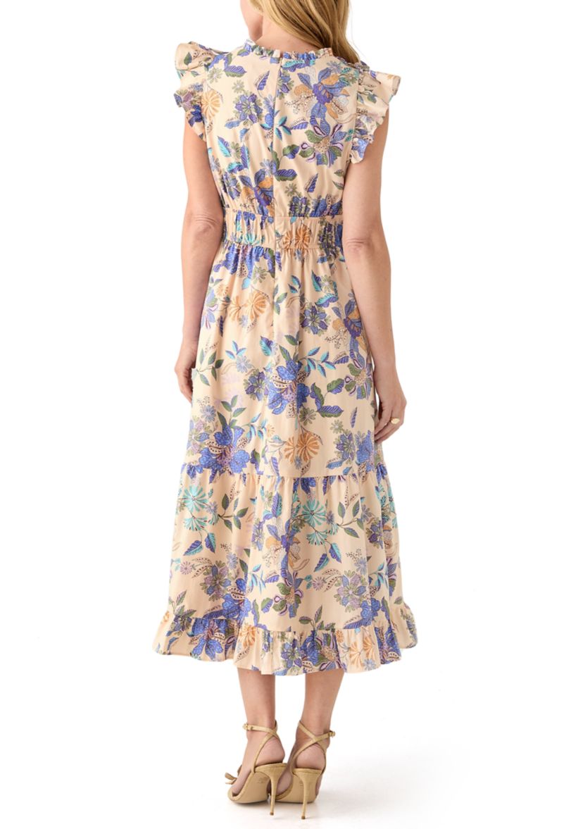 Womens Short Flutter Sleeve Floral Print Midi Dress