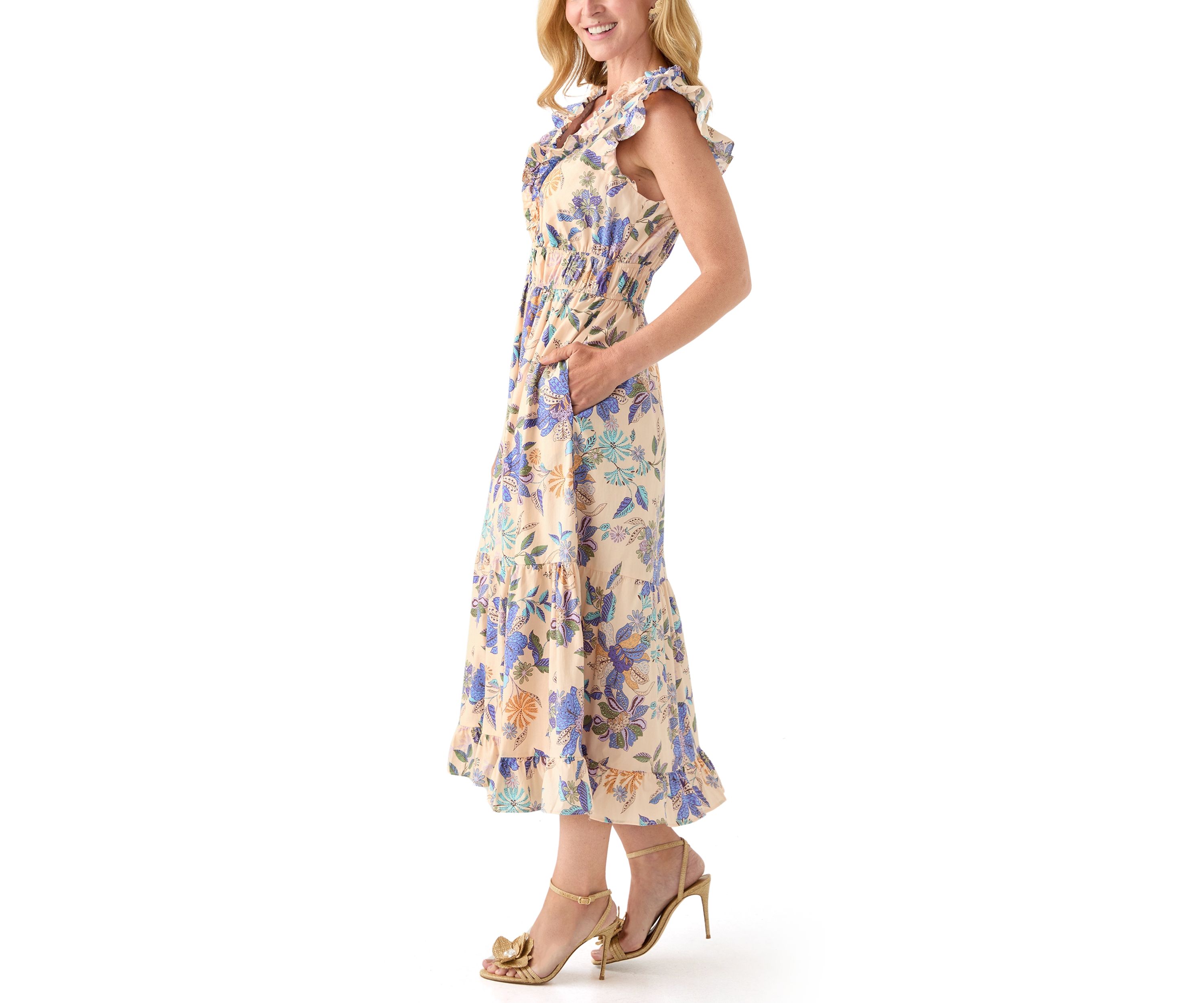 Womens Short Flutter Sleeve Floral Print Midi Dress