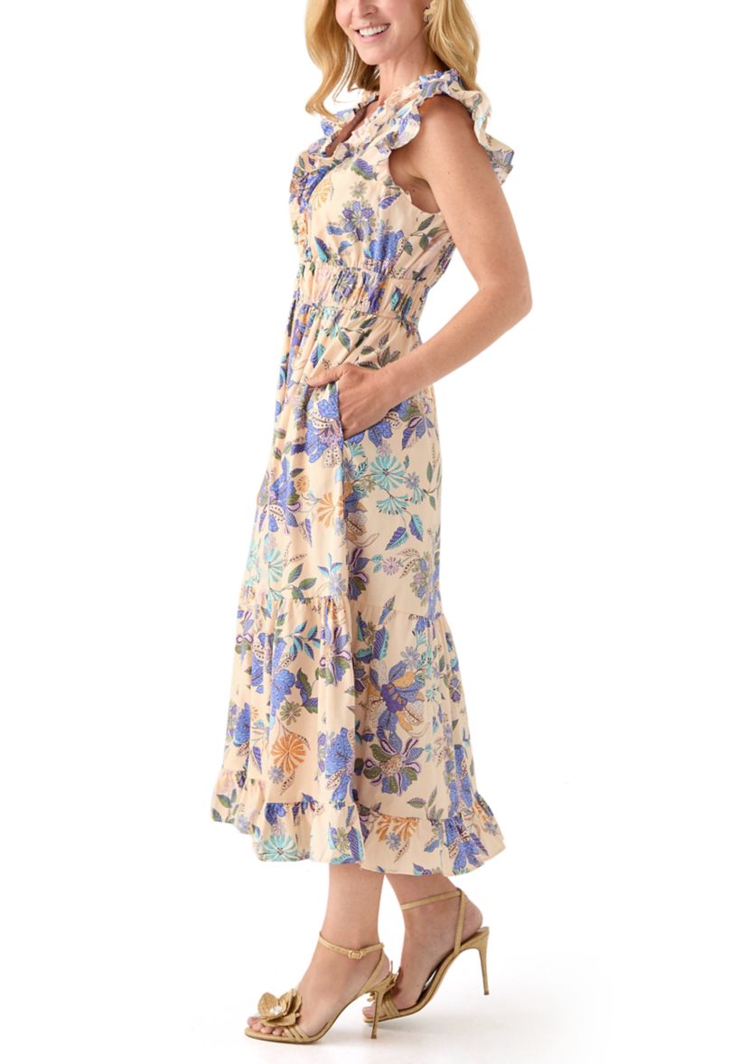 Womens Short Flutter Sleeve Floral Print Midi Dress