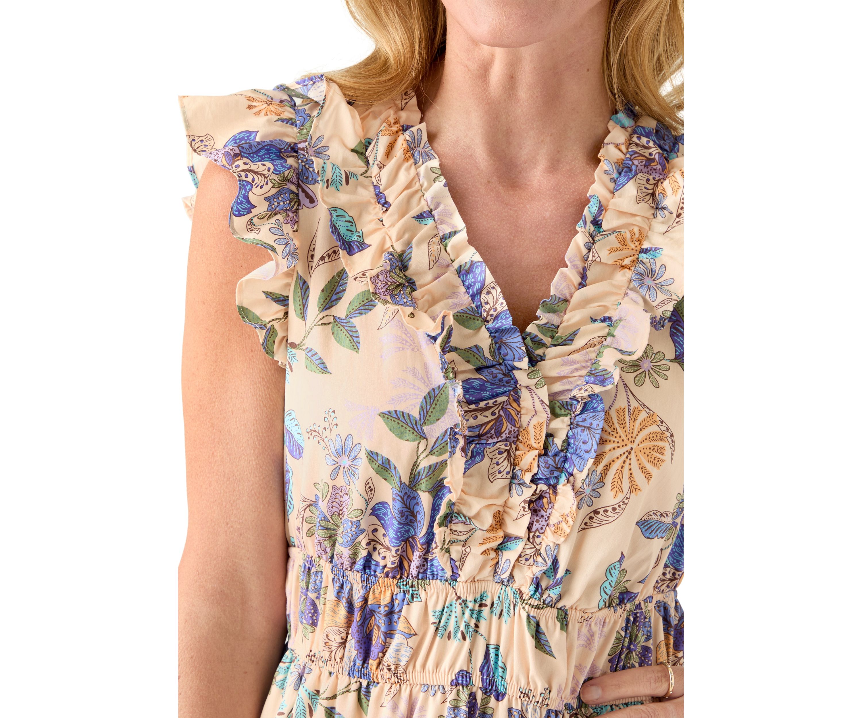 Womens Short Flutter Sleeve Floral Print Midi Dress