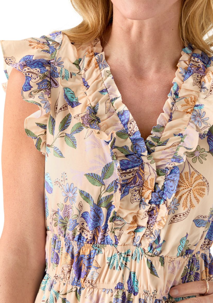 Womens Short Flutter Sleeve Floral Print Midi Dress