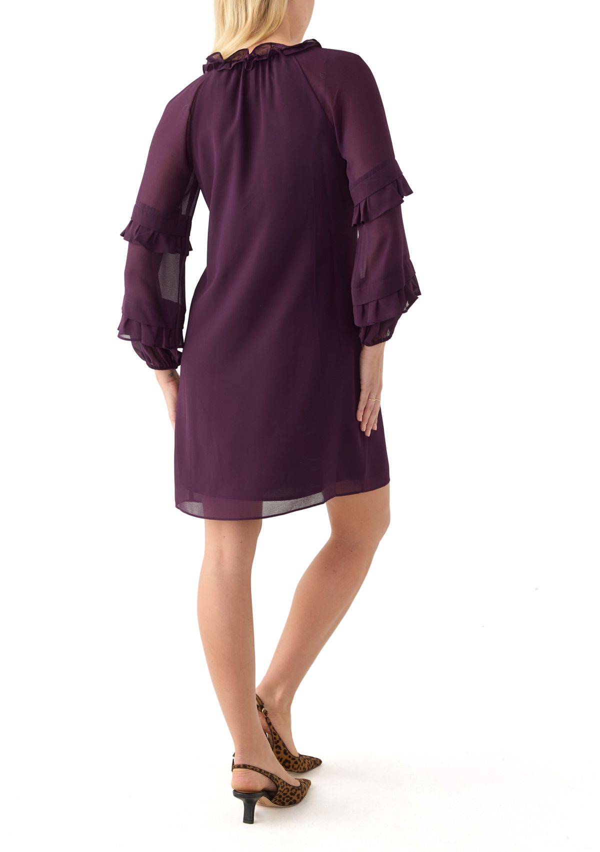 Womens Long Sleeve Keyhole Neck Solid Crepe A-Line Dress