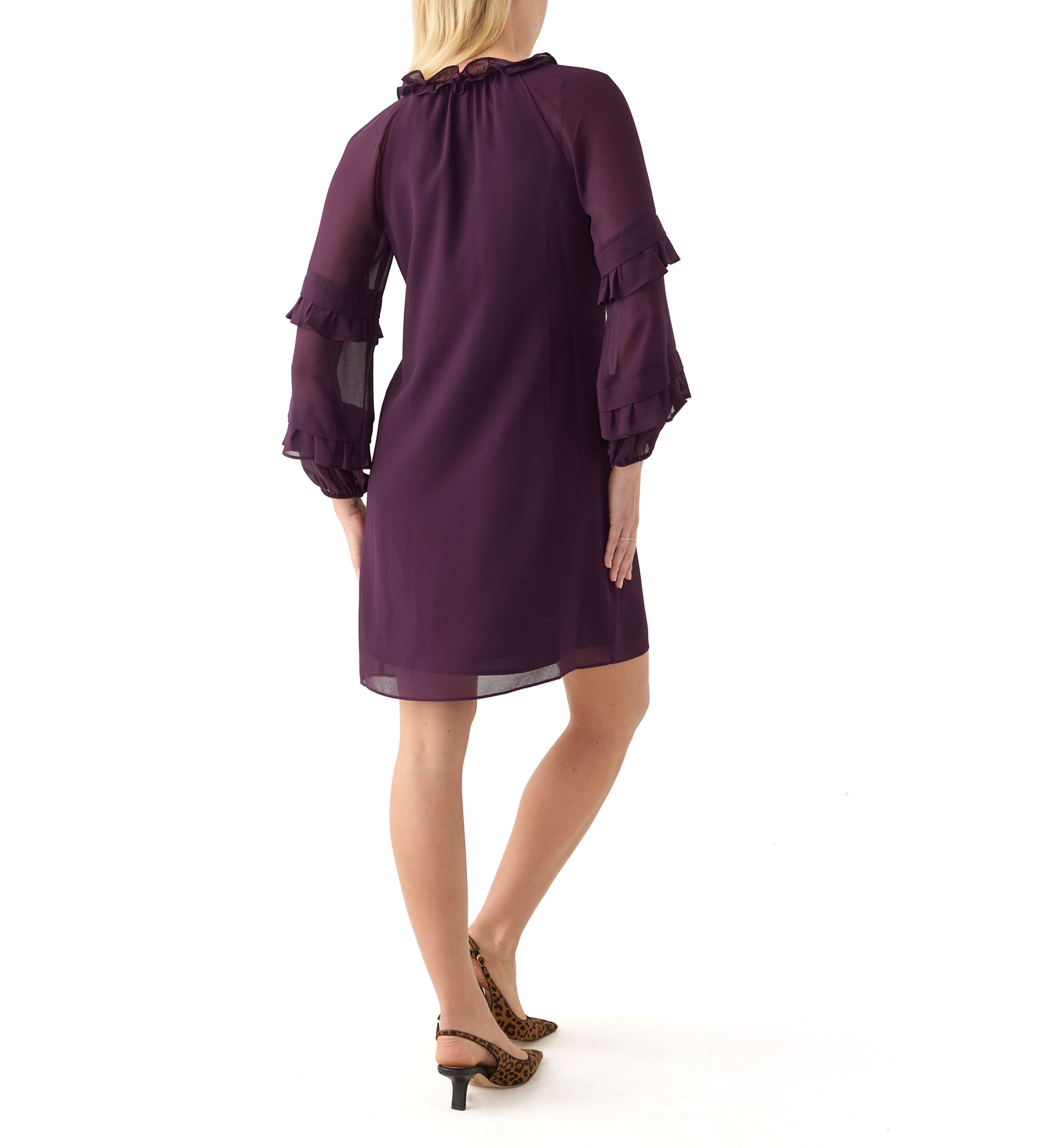 Womens Long Sleeve Keyhole Neck Solid Crepe A-Line Dress