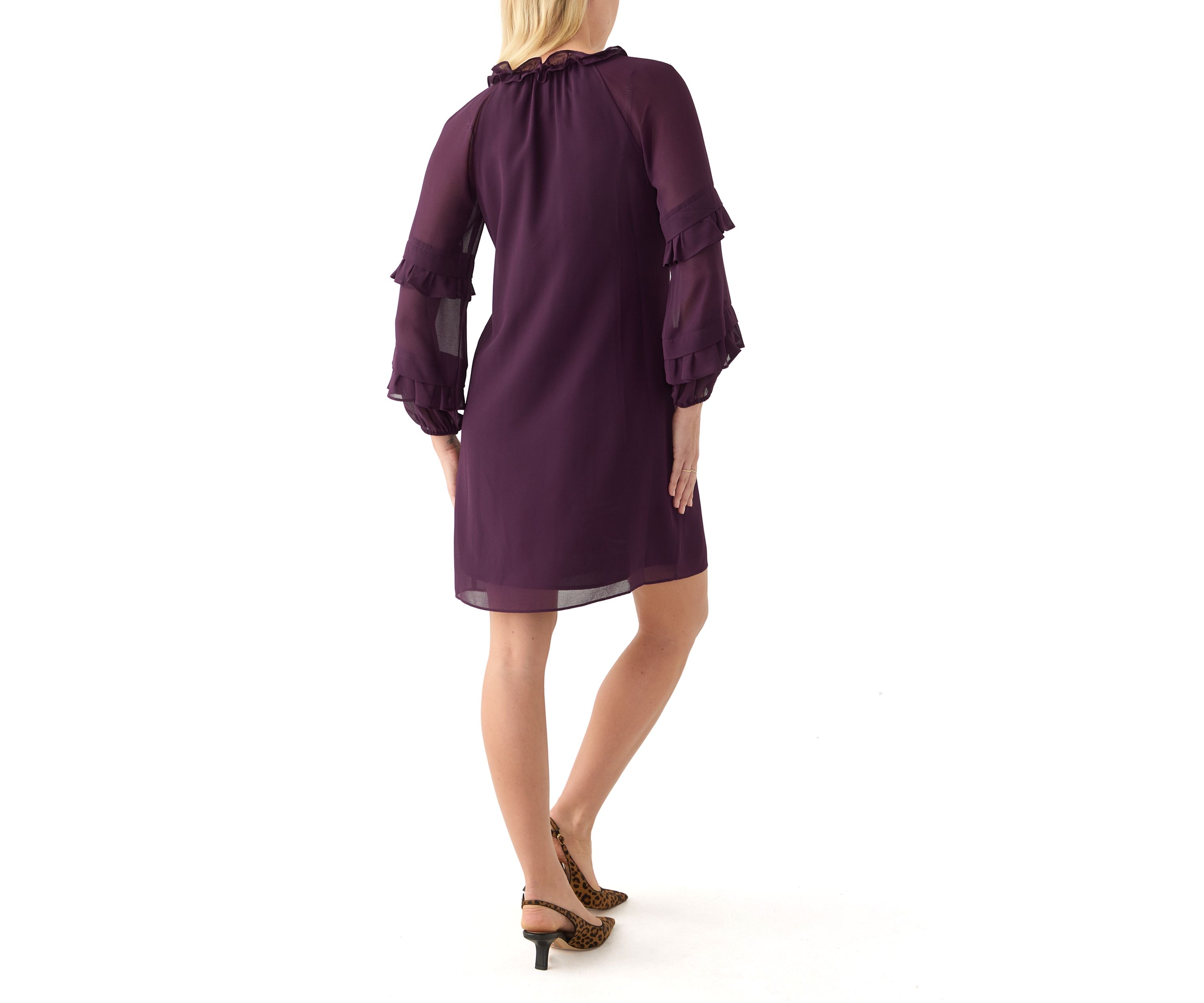 Womens Long Sleeve Keyhole Neck Solid Crepe A-Line Dress