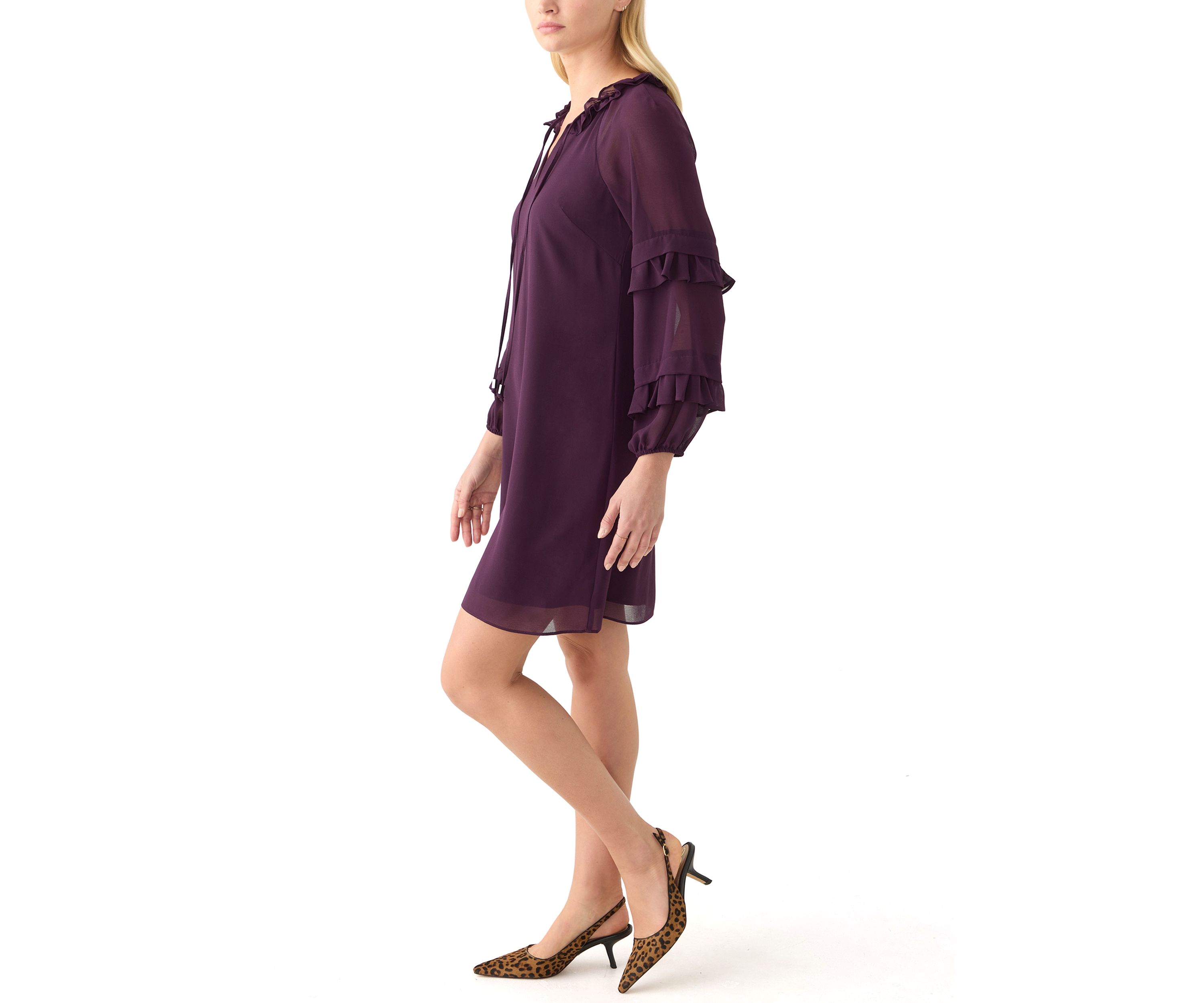 Womens Long Sleeve Keyhole Neck Solid Crepe A-Line Dress