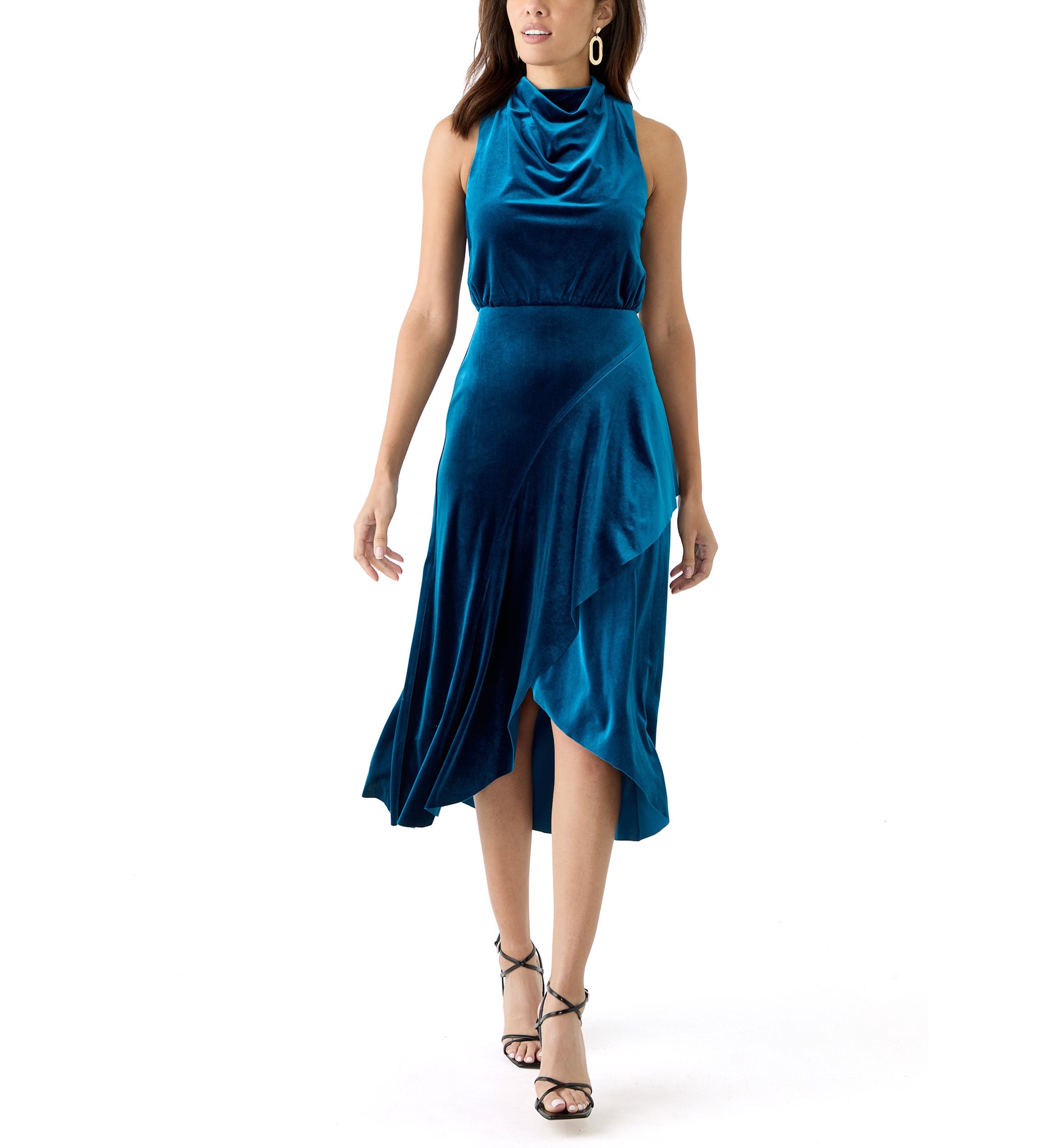 Womens Sleeveless Cowl Neck Solid Velvet Fit and Flare Dress