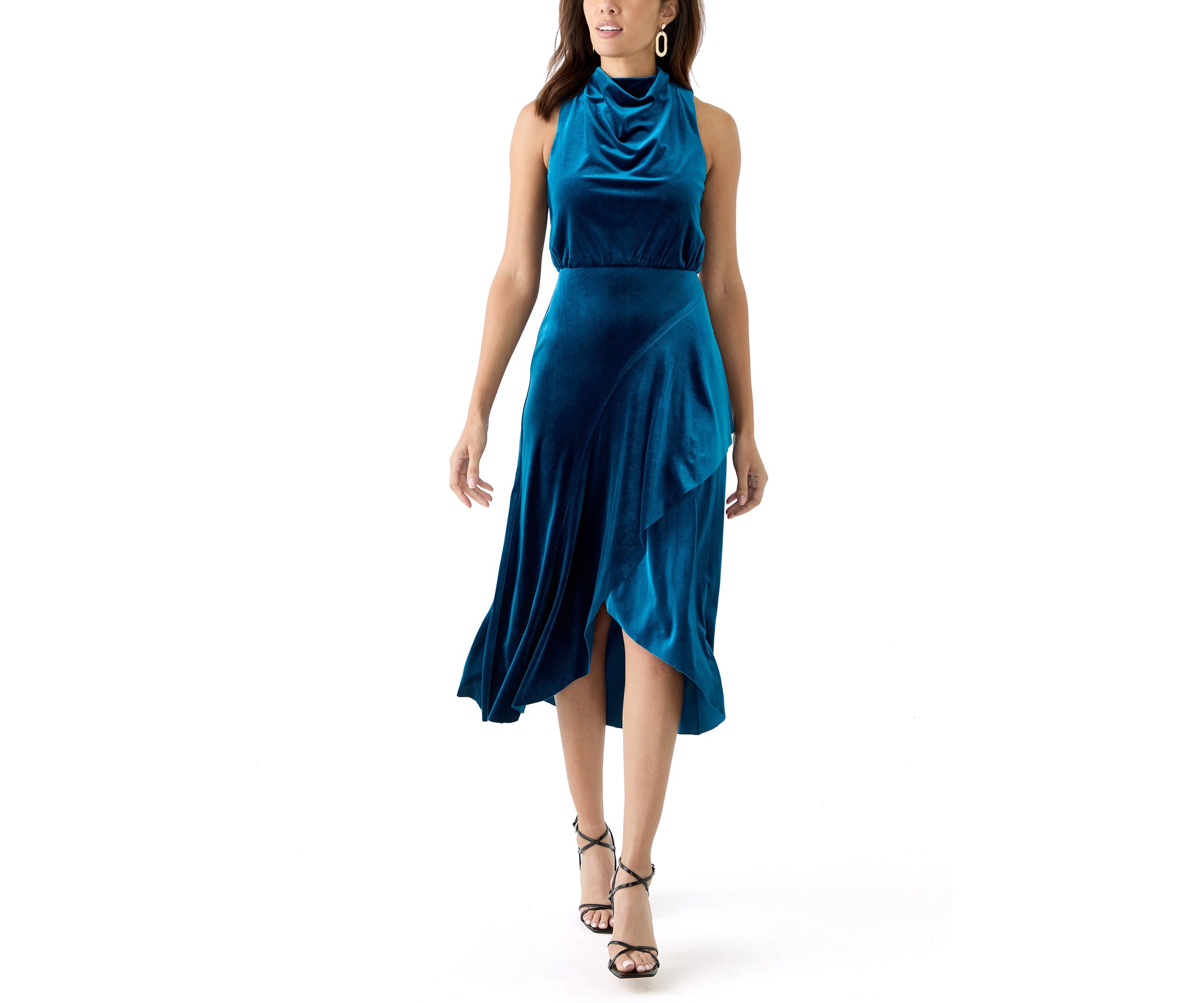 Womens Sleeveless Cowl Neck Solid Velvet Fit and Flare Dress