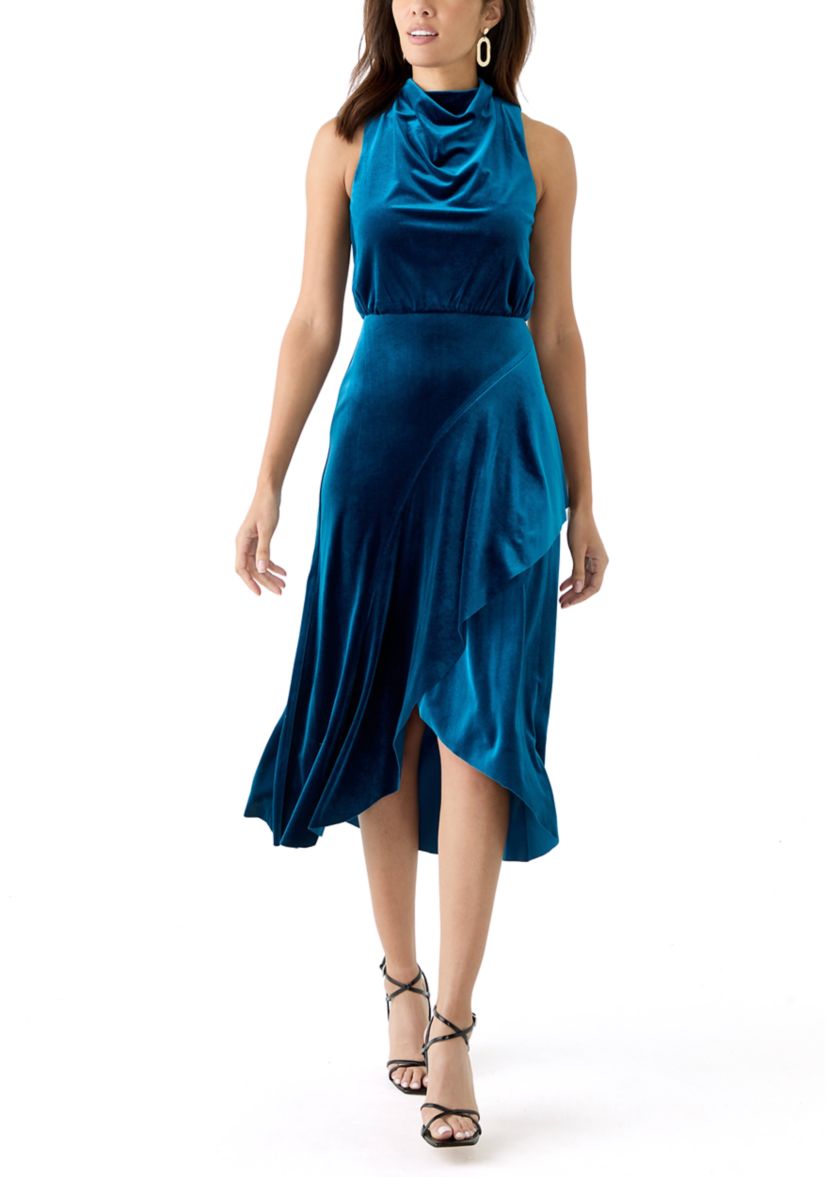 Womens Sleeveless Cowl Neck Solid Velvet Fit and Flare Dress