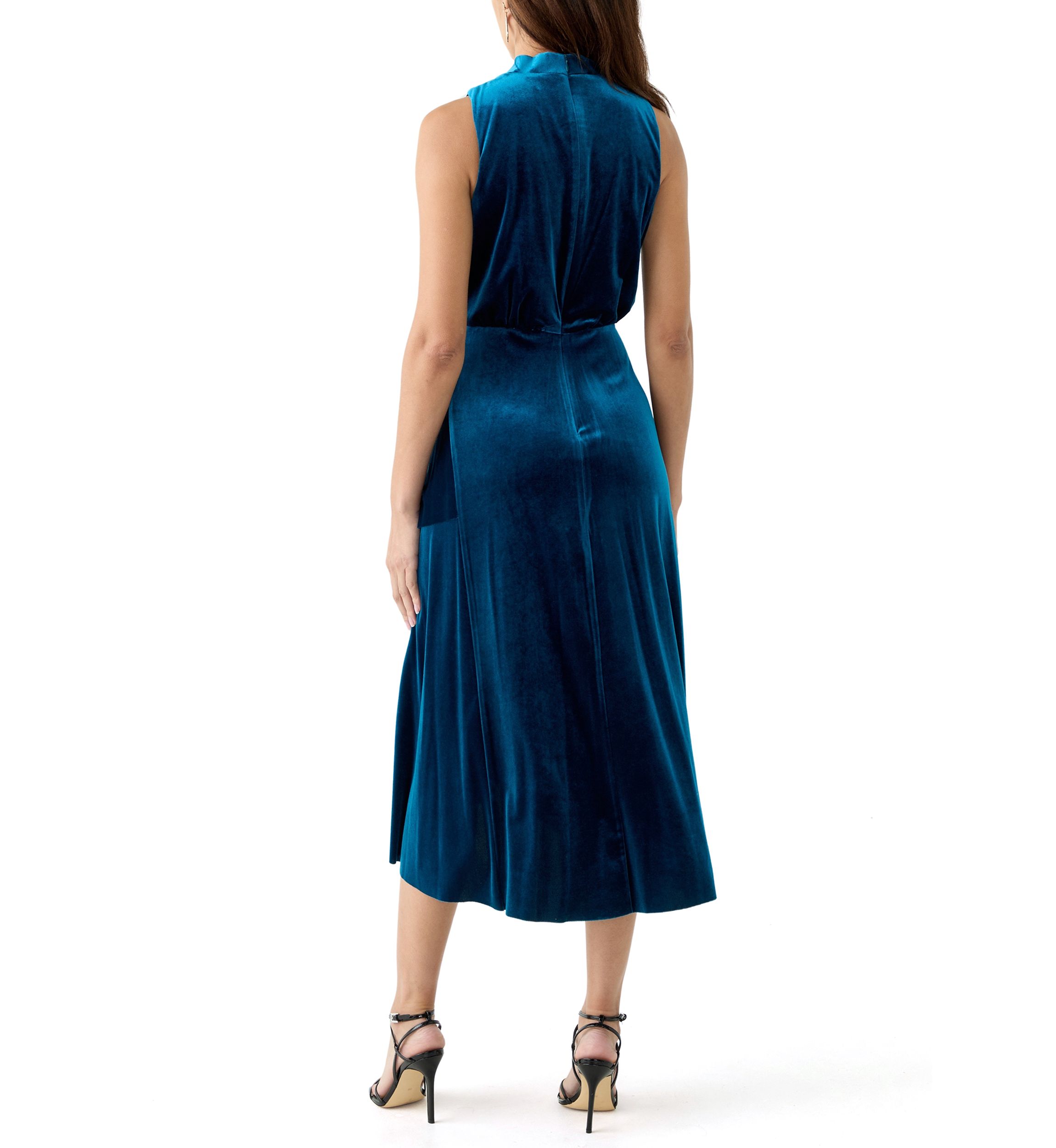 Womens Sleeveless Cowl Neck Solid Velvet Fit and Flare Dress