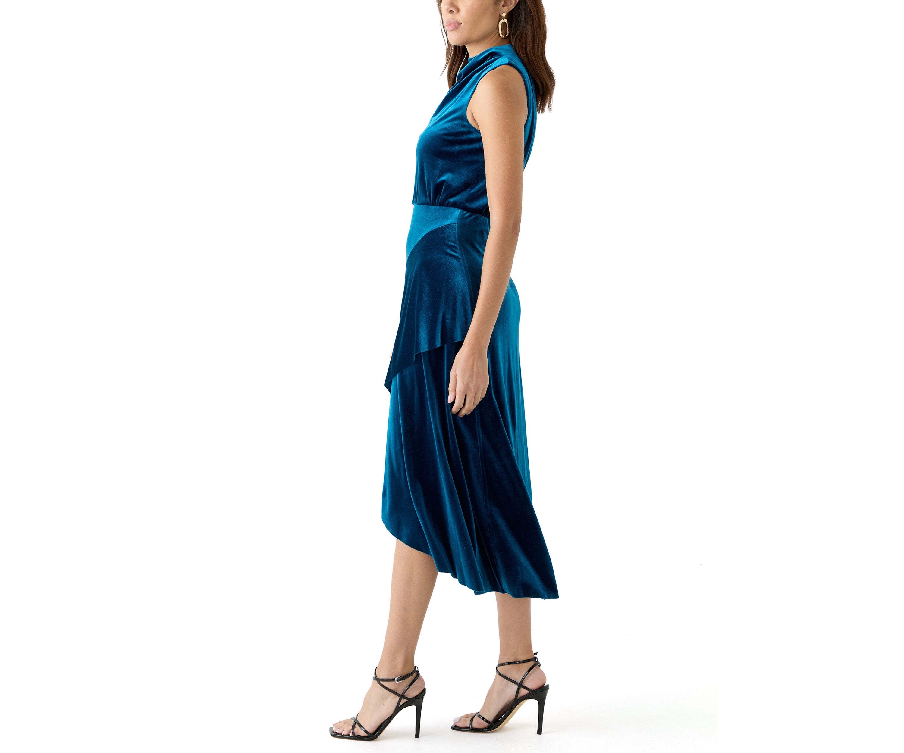 Womens Sleeveless Cowl Neck Solid Velvet Fit and Flare Dress