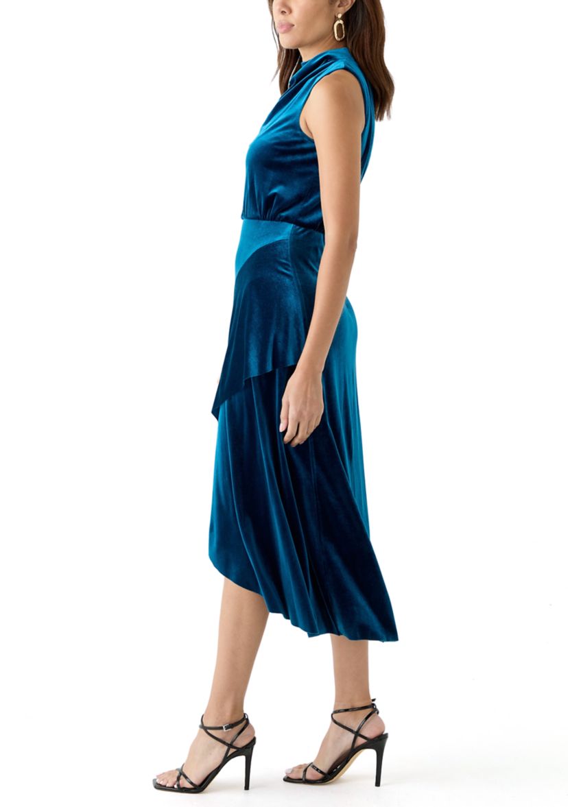 Womens Sleeveless Cowl Neck Solid Velvet Fit and Flare Dress