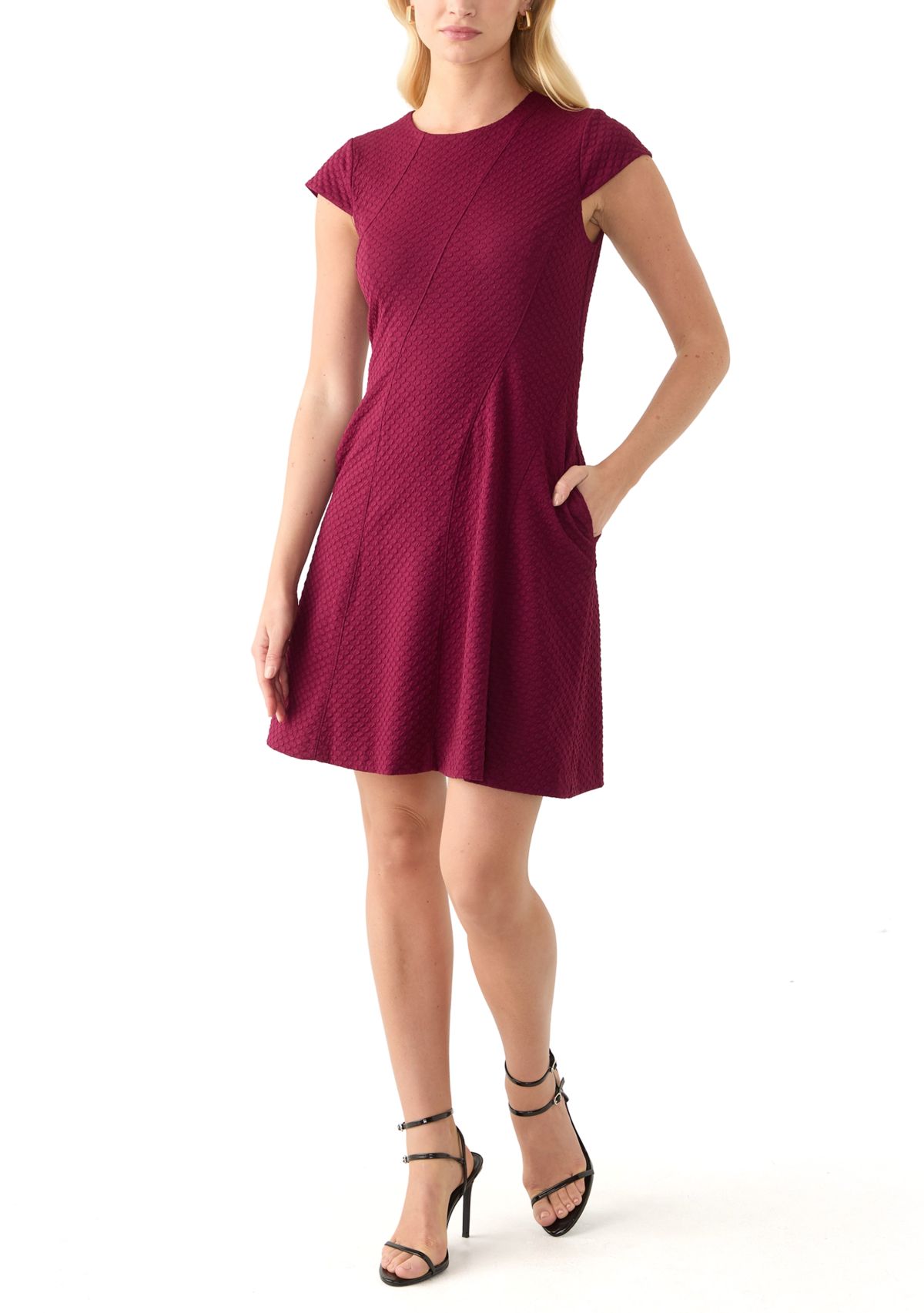 Womens Short Sleeve Crew Neck Solid Knit Fit and Flare Dress