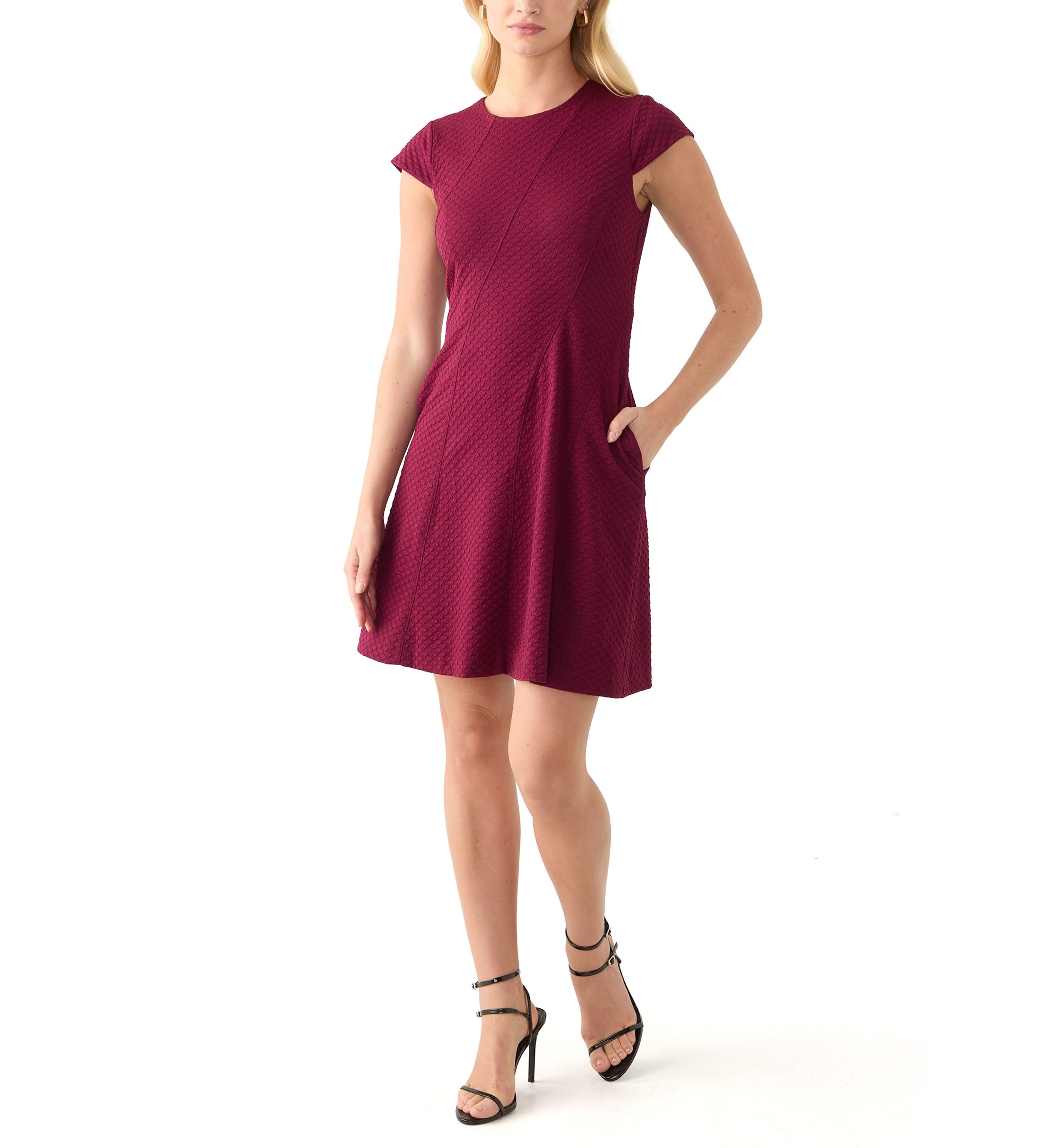 Womens Short Sleeve Crew Neck Solid Knit Fit and Flare Dress