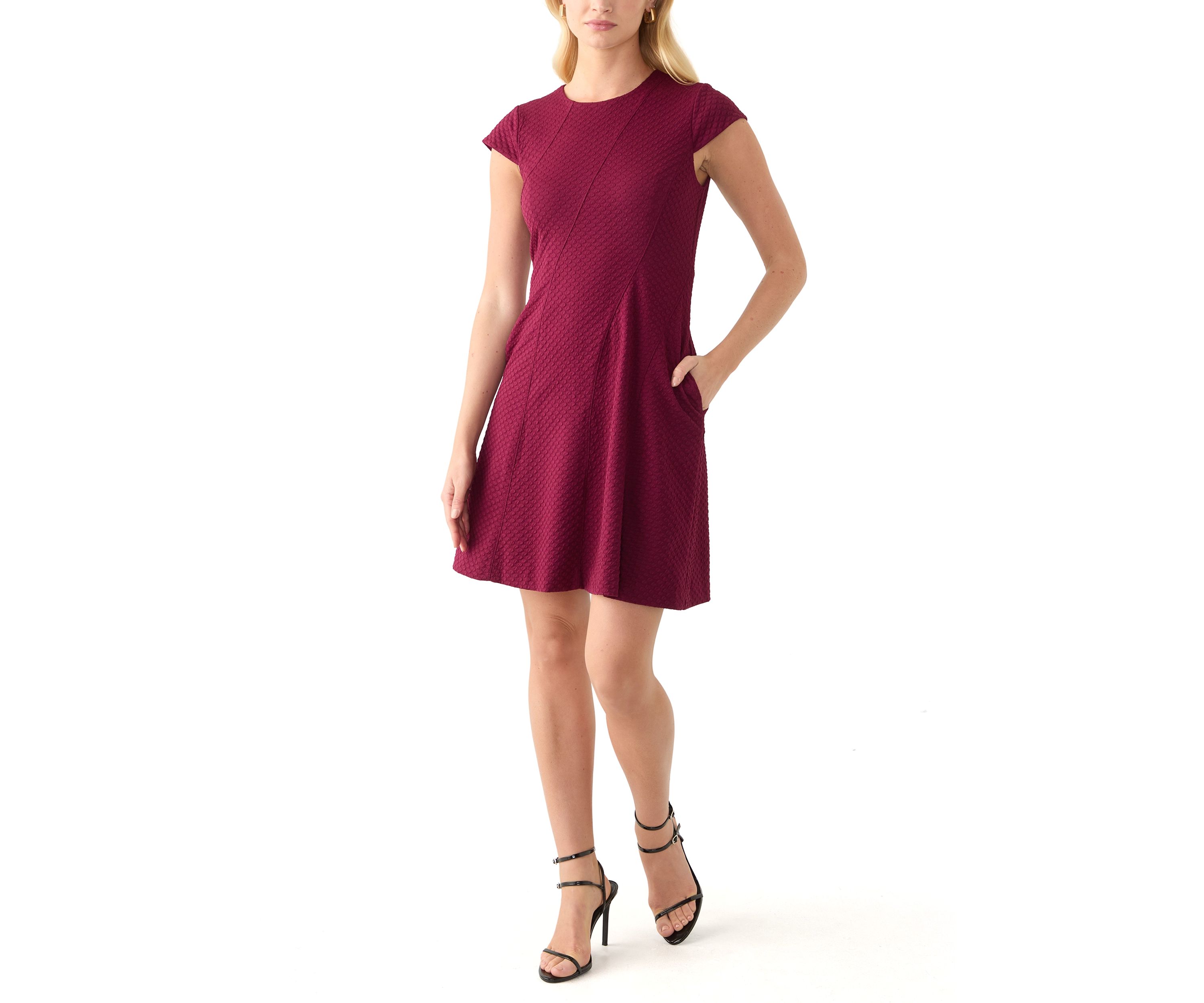Womens Short Sleeve Crew Neck Solid Knit Fit and Flare Dress