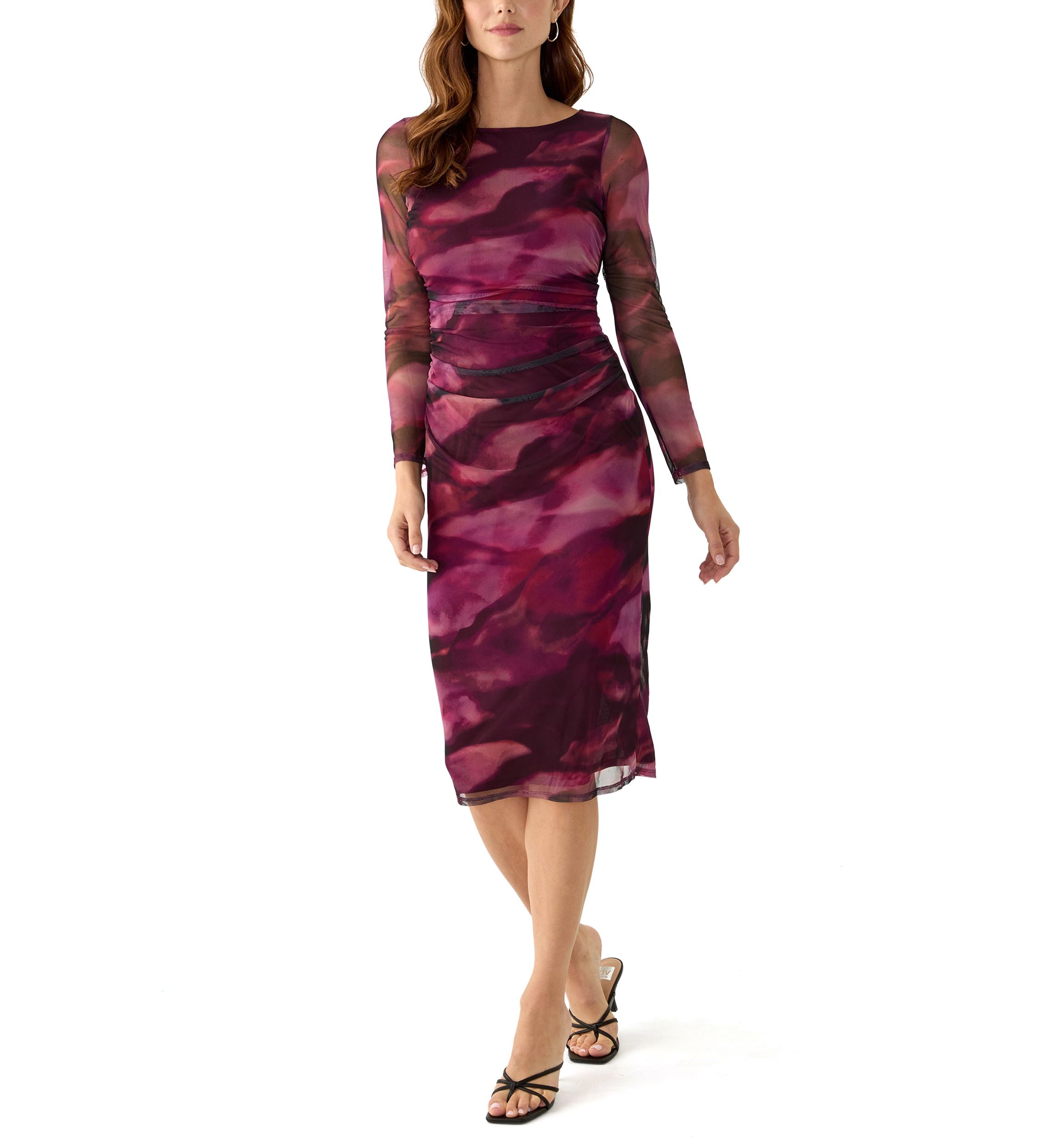 Womens Long Sleeve Crew Neck Printed Mesh Sheath Dress