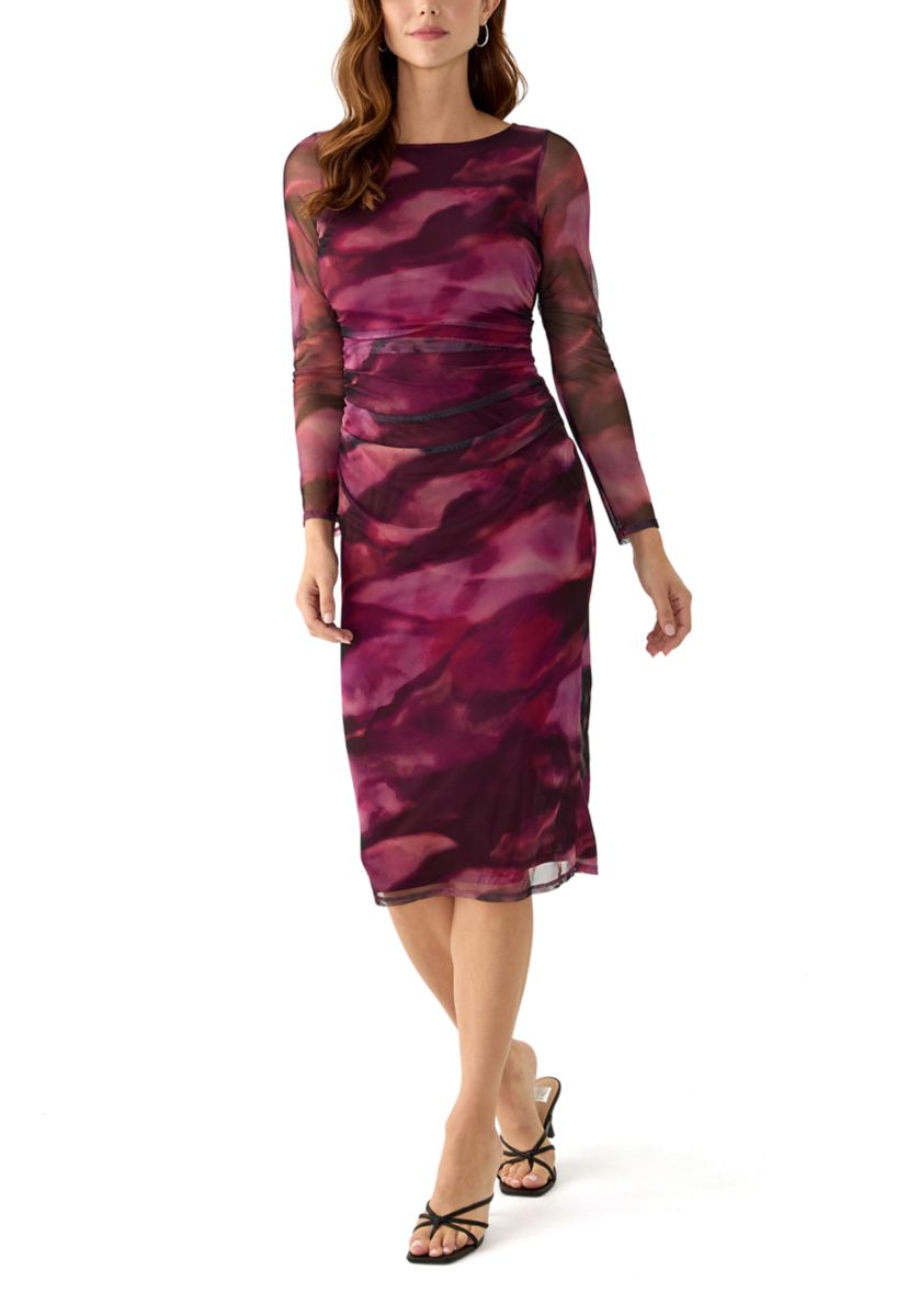 Womens Long Sleeve Crew Neck Printed Mesh Sheath Dress