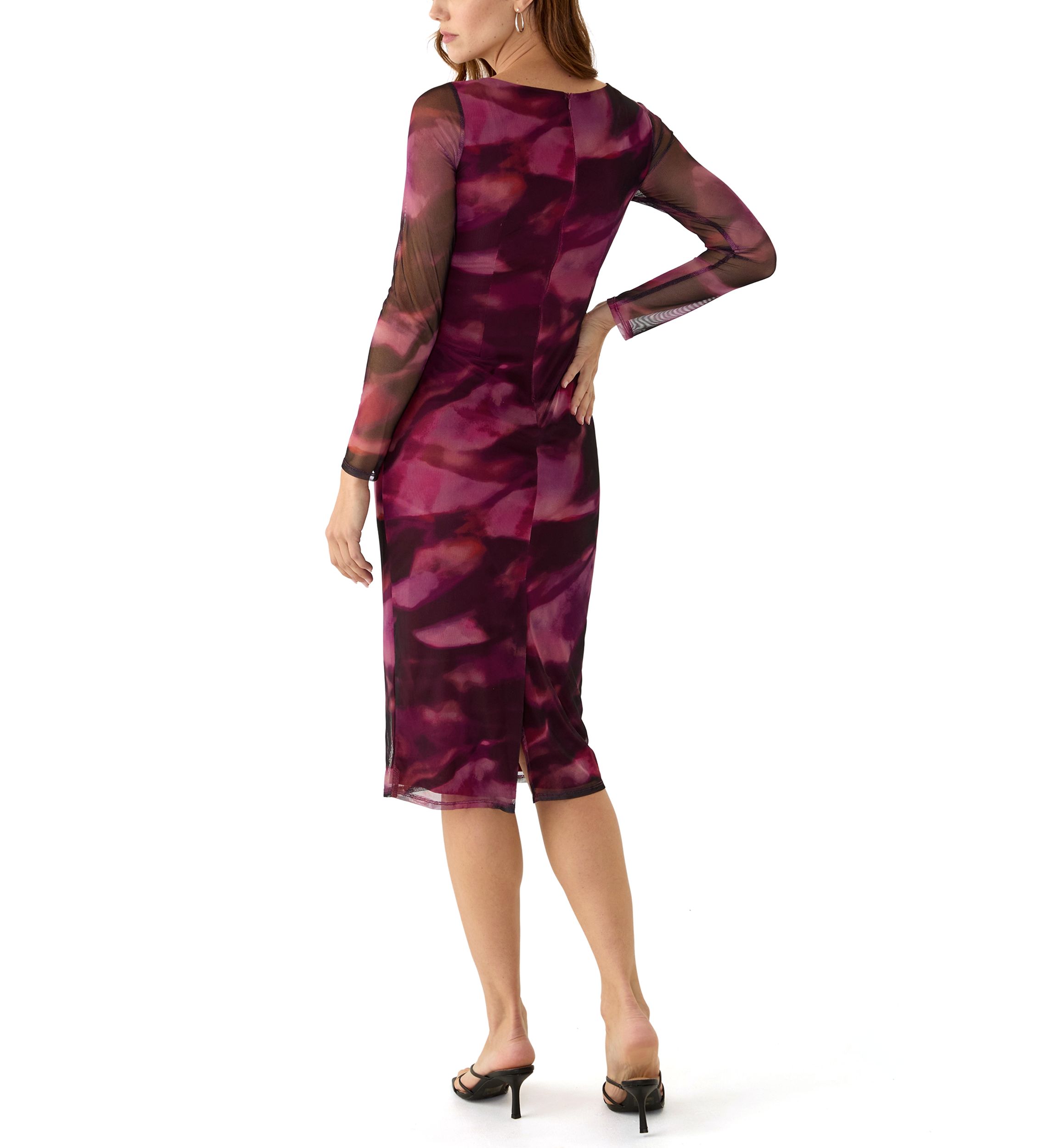 Womens Long Sleeve Crew Neck Printed Mesh Sheath Dress