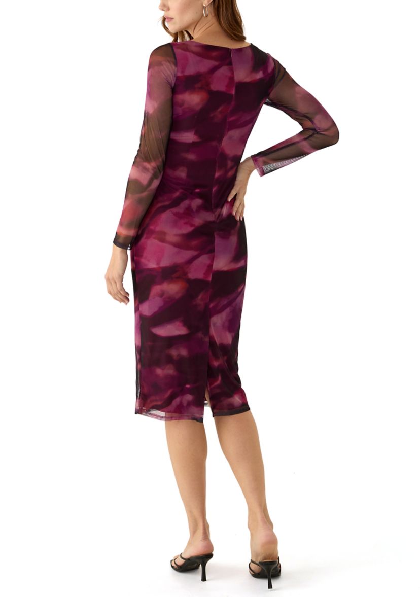 Womens Long Sleeve Crew Neck Printed Mesh Sheath Dress