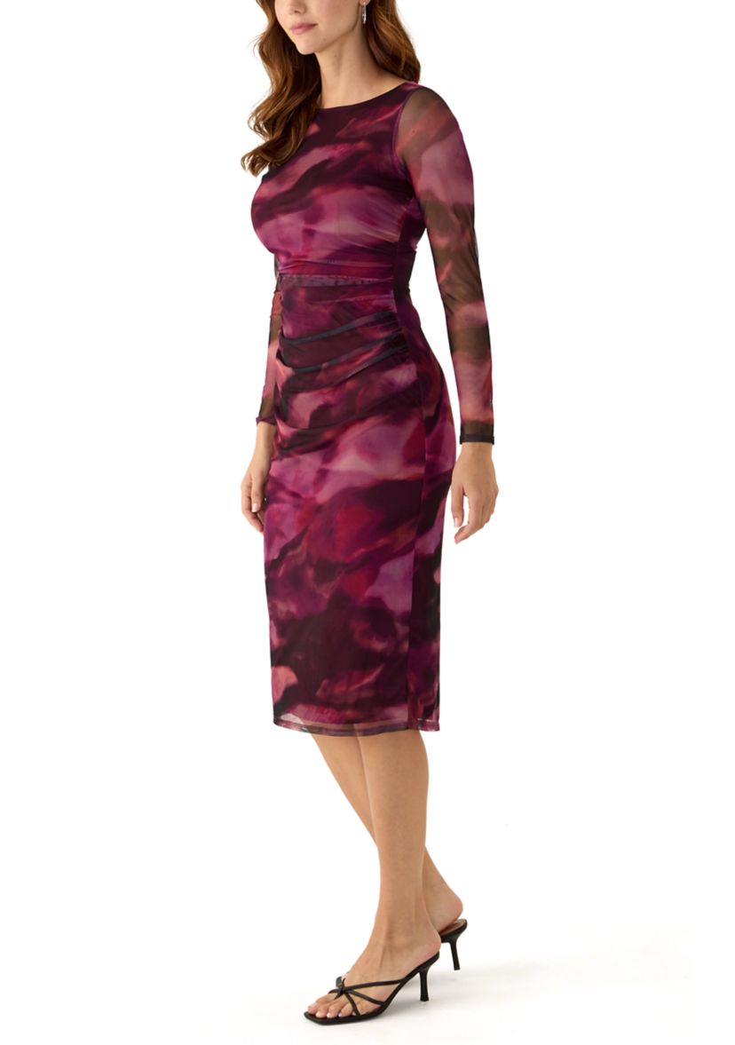 Womens Long Sleeve Crew Neck Printed Mesh Sheath Dress