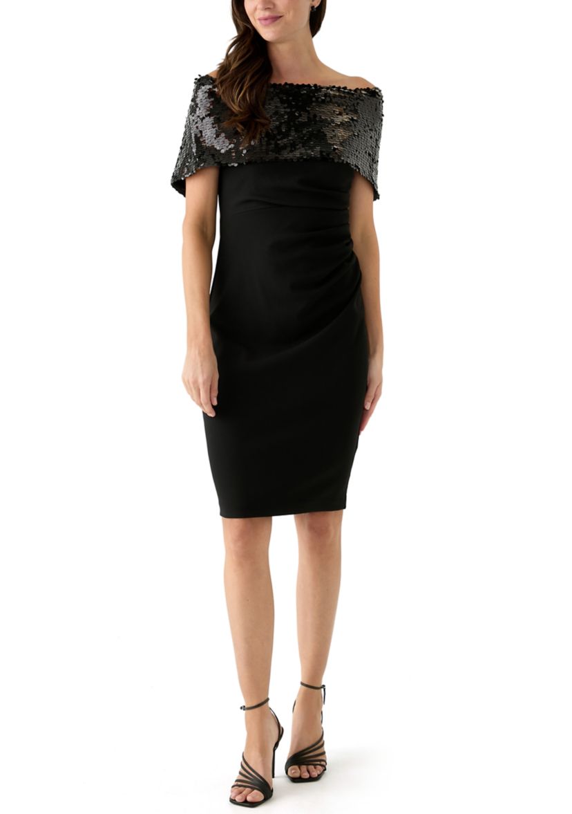 Womens Off the Shoulder Sequin Solid Sheath Dress