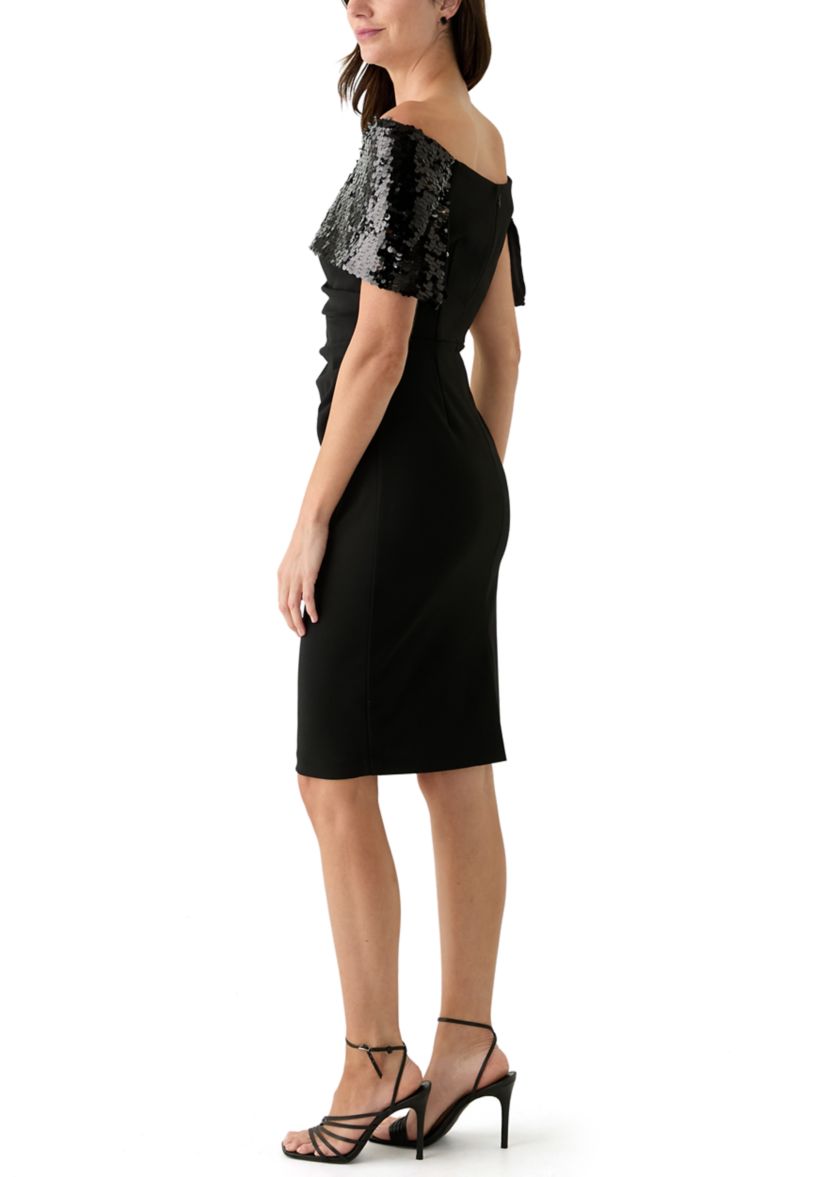 Womens Off the Shoulder Sequin Solid Sheath Dress