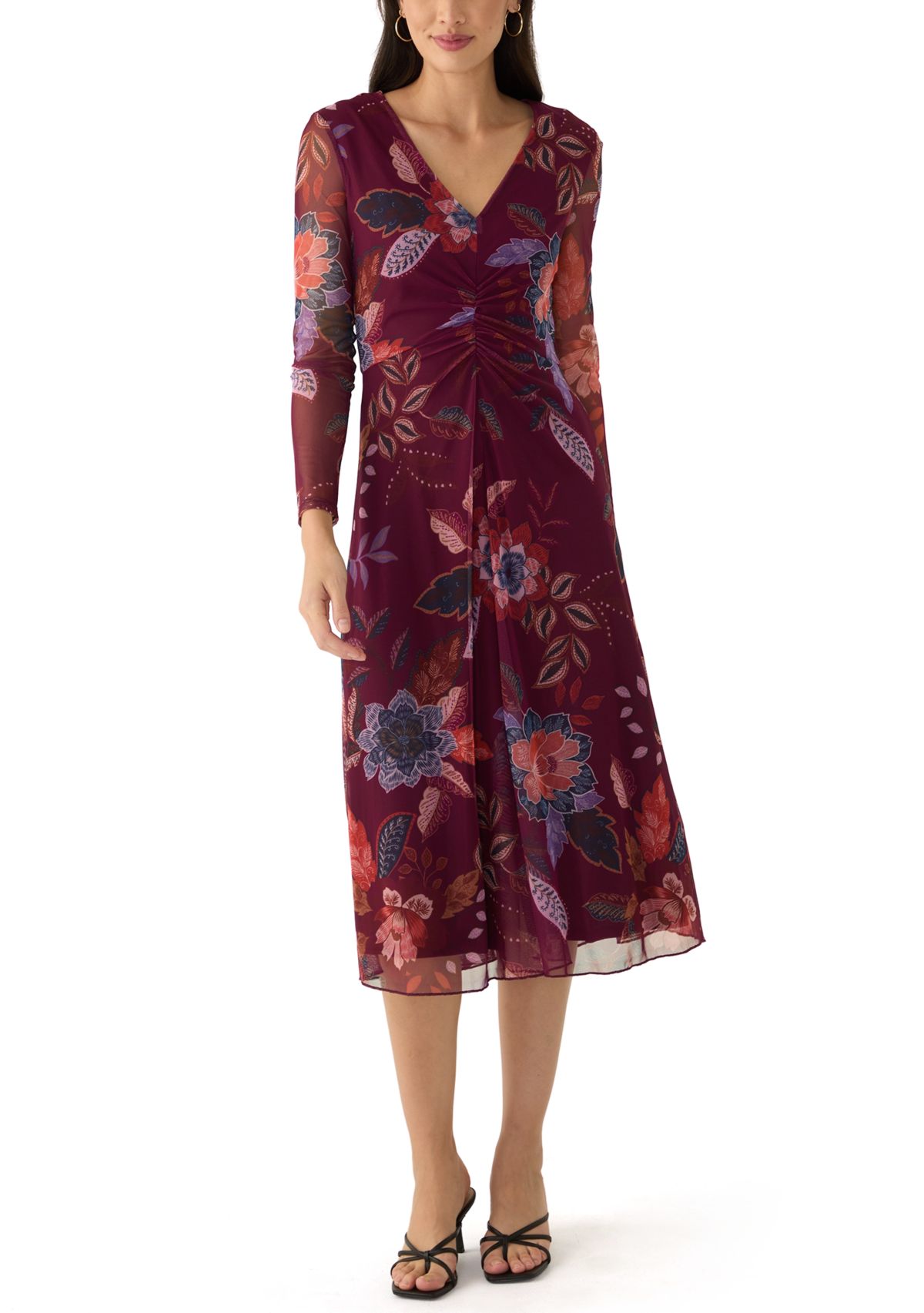 Womens Long Sleeve Floral Print Mesh Fit and Flare Dress