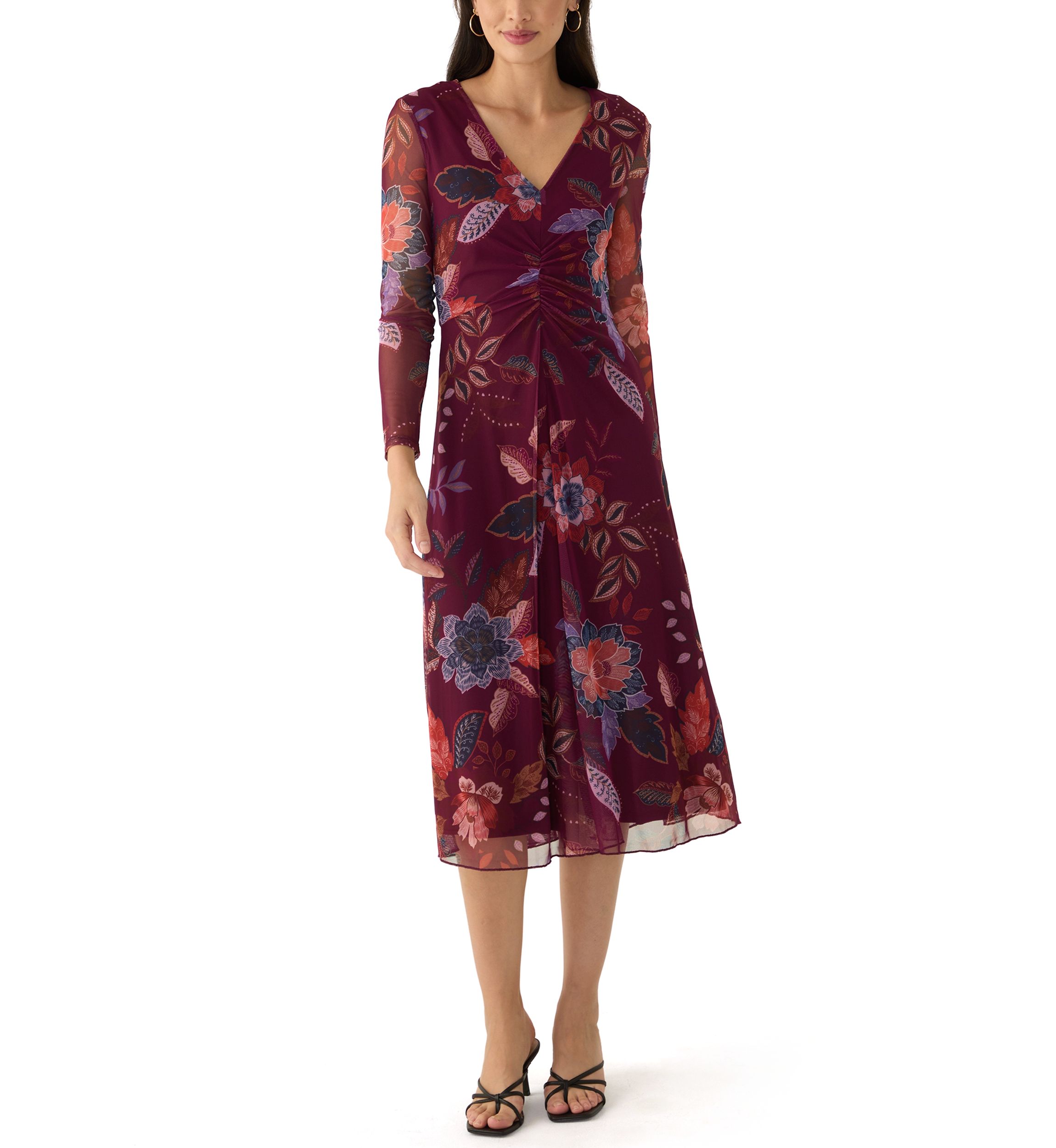 Womens Long Sleeve Floral Print Mesh Fit and Flare Dress