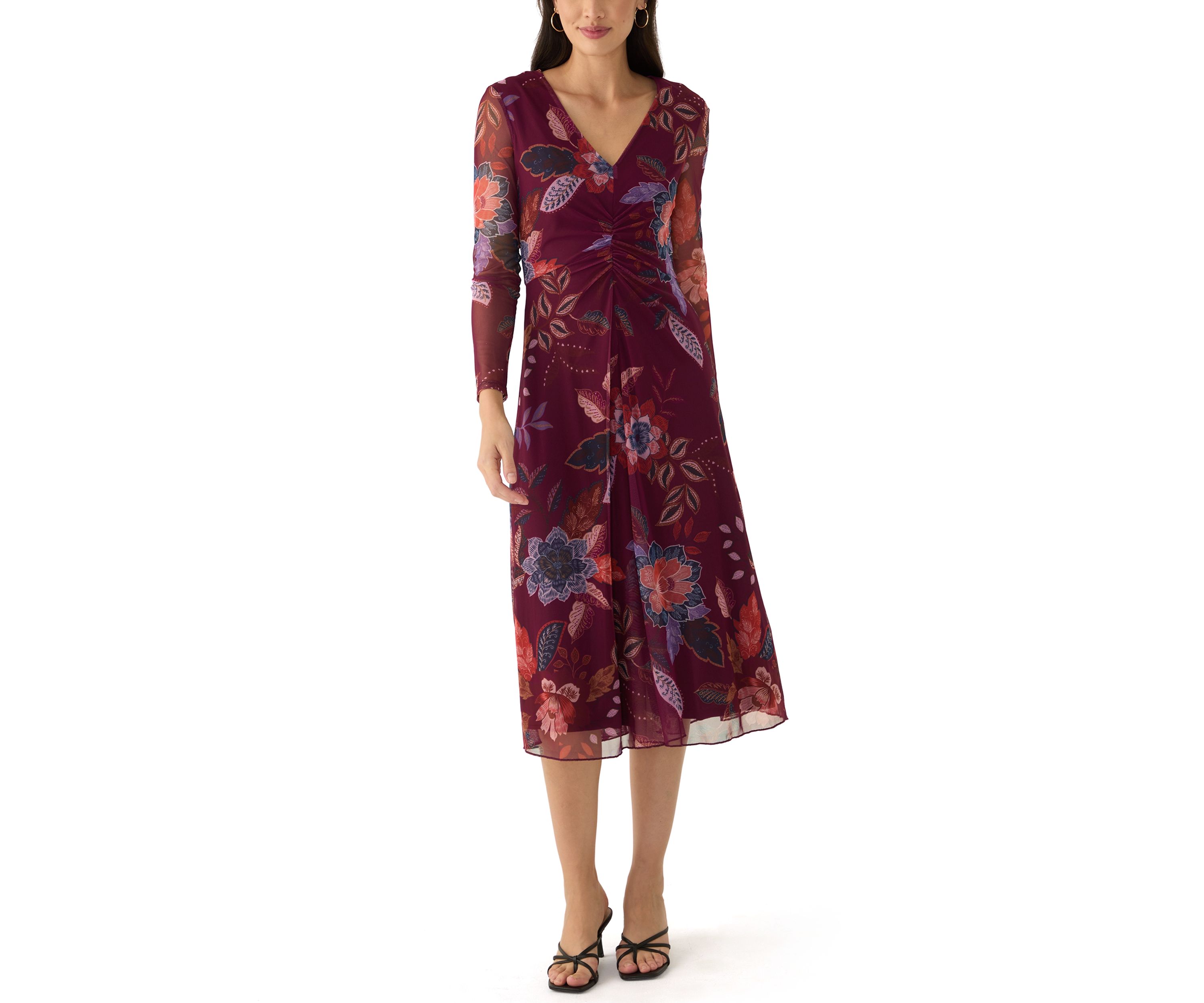 Womens Long Sleeve Floral Print Mesh Fit and Flare Dress